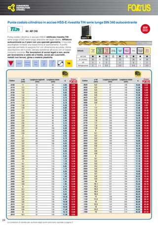 Punta codolo cilindrico in acciao HSS-E rivestita TiN serie lunga DIN 340 autocentrante

                              Art. A01 245

     Punta codolo cilindrico in acciaio HSS-E rettiﬁcata rivestita TiN                                  pagina 35
     serie lunga ≤10xD serie lunga direzione del taglio destro. Afﬁlatura
     autocentrante su 4 piani con una speciale geometria, il nocciolo
     assottigliato richiede una bassa forza di avanzamento. Il proﬁlo
     speciale permette di eseguire fori con dimensione accurata, ottima
                                                                                                                    Acciaio      Acciaio     Acciaio                                                            Rame
     asportazione del truciolo, elevata resistenza all’usura con un basso                          Articolo          <850         >850       >1000        Acciaio   Acciaio   Leghe di   Ghisa     Alluminio    Ottone
                                                                                                                                 <1000       <1400       <42 HRc     INOX      Titanio              e leghe
     momento torcente. Per lavorazioni di acciai legati e non, acciai                                               N/mm²        N/mm²       N/mm²                                                              Bronzo

     per lavorazione a caldo ed a freddo, acciai per cuscinetti,
                                                                                                      A01245
     metalli non ferrosi, ghise e materie plastiche.
                                                                                                    Vc (m/min)       25           13          12                     12                  28           30         28

                HSS-E
                              Norma          DIN                                                         VR           5            4           3                      4                   6           7           5
                              interna        340
                                                        118°        38°                            Refrigerazione     E           E0          E0                     E0                  EA           E          E0




                       ø h8             Lunghezza taglienti    Lunghezza totale           Prezzo                           ø h8            Lunghezza taglienti        Lunghezza totale                         Prezzo
       Codice
                      (mm)                    (mm)                  (mm)           €                     Codice
                                                                                                                          (mm)                   (mm)                      (mm)                   €

       ..0100            1                     33                    56            4,85   3,88           ..0620            6,2                          97                    148                10,65          8,52
       ..0110           1,1                    37                    60            5,45   4,36           ..0630            6,3                          97                    148                11,90          9,52
       ..0120           1,2                    41                    65            6,10   4,88           ..0640            6,4                          97                    148                10,85          8,68
       ..0130           1,3                    41                    65            6,05   4,84           ..0650            6,5                          97                    148                10,35          8,28
       ..0140           1,4                    45                    70            5,95   4,76           ..0660            6,6                          97                    148                12,00          9,60
       ..0150           1,5                    45                    70            5,15   4,12           ..0670            6,7                          97                    148                12,30          9,84
       ..0160           1,6                    50                    76            6,10   4,88           ..0680            6,8                         102                    156                13,20         10,56
       ..0170           1,7                    50                    76            6,70   5,36           ..0690            6,9                         102                    156                13,65         10,92
       ..0180           1,8                    53                    80            6,40   5,12           ..0700             7                          102                    156                12,40          9,92
       ..0190           1,9                    53                    80            6,80   5,44           ..0710            7,1                         102                    156                12,00          9,60
       ..0200            2                     56                    85            5,05   4,04           ..0720            7,2                         102                    156                13,70         10,96
       ..0210           2,1                    56                    85            5,85   4,68           ..0730            7,3                         102                    156                14,35         11,48
       ..0220           2,2                    59                    90            5,95   4,76           ..0740            7,4                         102                    156                14,90         11,92
       ..0230           2,3                    59                    90            5,85   4,68           ..0750            7,5                         102                    156                15,10         12,08
       ..0240           2,4                    62                    95            5,40   4,32           ..0760            7,6                         109                    165                16,20         12,96
       ..0250           2,5                    62                    95            5,15   4,12           ..0770            7,7                         109                    165                15,30         12,24
       ..0260           2,6                    62                    95            5,95   4,76           ..0780            7,8                         109                    165                16,85         13,48
       ..0270           2,7                    66                   100            6,30   5,04           ..0790            7,9                         109                    165                16,30         13,04
       ..0280           2,8                    66                   100            6,05   4,84           ..0800             8                          109                    165                13,80         11,04
       ..0290           2,9                    66                   100            6,30   5,04           ..0810            8,1                         109                    165                15,20         12,16
       ..0300            3                     66                   100            5,55   4,44           ..0820            8,2                         109                    165                16,65         13,32
       ..0310           3,1                    69                   106            6,70   5,36           ..0830            8,3                         109                    165                17,55         14,04
       ..0320           3,2                    69                   106            6,20   4,96           ..0840            8,4                         109                    165                18,90         15,12
       ..0330           3,3                    69                   106            6,55   5,24           ..0850            8,5                         109                    165                16,20         12,96
       ..0340           3,4                    73                   112            6,80   5,44           ..0860            8,6                         115                    175                16,10         12,88
       ..0350           3,5                    73                   112            6,70   5,36           ..0870            8,7                         115                    175                16,30         13,04
       ..0360           3,6                    73                   112            6,85   5,48           ..0880            8,8                         115                    175                16,50         13,20
       ..0370           3,7                    73                   112            6,75   5,40           ..0890            8,9                         115                    175                17,10         13,68
       ..0380           3,8                    78                   119            6,45   5,16           ..0900             9                          115                    175                17,10         13,68
       ..0390           3,9                    78                   119            7,20   5,76           ..0910            9,1                         115                    175                17,10         13,68
       ..0400            4                     78                   119            7,10   5,68           ..0920            9,2                         115                    175                17,10         13,68
       ..0410           4,1                    78                   119            7,20   5,76           ..0930            9,3                         115                    175                17,10         13,68
       ..0420           4,2                    78                   119            6,85   5,48           ..0940            9,4                         115                    175                17,10         13,68
       ..0430           4,3                    82                   126            7,70   6,16           ..0950            9,5                         115                    175                17,10         13,68
       ..0440           4,4                    82                   126            6,80   5,44           ..0960            9,6                         121                    184                18,00         14,40
       ..0450           4,5                    82                   126            7,20   5,76           ..0970            9,7                         121                    184                18,90         15,12
       ..0460           4,6                    82                   126            7,00   5,60           ..0980            9,8                         121                    184                20,20         16,16
       ..0470           4,7                    82                   126            8,10   6,48           ..0990            9,9                         121                    184                21,95         17,56
       ..0480           4,8                    87                   132            7,85   6,28           ..1000            10                          121                    184                23,70         18,96
       ..0490           4,9                    87                   132            7,95   6,36           ..1010           10,1                         121                    184                25,95         20,76
       ..0500            5                     87                   132            8,10   6,48           ..1020           10,2                         121                    184                27,65         22,12
       ..0510           5,1                    87                   132            8,90   7,12           ..1030           10,3                         121                    184                29,80         23,84
       ..0520           5,2                    87                   132            8,75   7,00           ..1040           10,4                         121                    184                29,80         23,84
       ..0530           5,3                    87                   132            9,60   7,68           ..1050           10,5                         121                    184                30,25         24,20
       ..0540           5,4                    91                   139           10,50   8,40           ..1100            11                          128                    195                36,00         28,80
       ..0550           5,5                    91                   139            8,40   6,72           ..1150           11,5                         128                    195                36,40         29,12
       ..0560           5,6                    91                   139           10,90   8,72           ..1200            12                          134                    205                36,80         29,44
       ..0570           5,7                    91                   139           12,05   9,64           ..1250           12,5                         134                    205                40,35         32,28
       ..0580           5,8                    91                   139           10,60   8,48           ..1300            13                          134                    205                43,85         35,08
       ..0590           5,9                    91                   139           11,80   9,44           ..1350           13,5                         140                    214                44,65         35,72
       ..0600            6                     91                   139           10,10   8,08           ..1400            14                          140                    214                46,40         37,12
       ..0610           6,1                    97                   148           11,90   9,52


24
     Le condizioni di vendita per usufruire degli sconti extra sono riportate a pagina 3
 