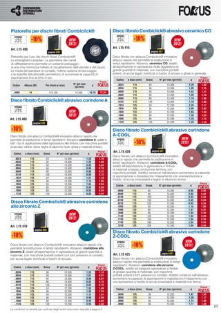 Platorello per dischi ﬁbrati Combiclick®                                                         Disco ﬁbrato Combiclick® abrasivo ceramico CO


                                                                                                 Art. L15 415
Art. L15 400
                                    pagina 686                                                                                      pagina 687

Platorello per l’uso dei dischi ﬁbrati Combiclick®                                               Disco ﬁbrato con attacco Combiclick® innovativo
su smerigliatrici angolari. La geometria dei canali                                              attacco rapido che permette la sostituzione in
di raffreddamento permette un costante passaggio                                                 tempi rapidissimi. Abrasivo: ceramico CO, adatto
di aria che minimizza l’effetto di riscaldamento dell’utensile e del pezzo.                      all’asportazione in sgrossatura molto aggressiva di
Le ridotte temperature di contatto, l’ottimo sistema di bloccaggio                               grandi quantità di materiale, con macchine portatili
e la stabilità del platorello permettono di aumentare la capacità di                             potenti, di acciai legati, boniﬁcati e fusioni di acciaio e ghise in generale.
asportazione ﬁno al 25% in più.                                                                                                                                            Prezzo
                                                                                                    Codice   ø disco (mm)    Grana         N° giri max (gir/min)    €
                                                                                        Prezzo
                                                            N° giri max                             ..0024       115            24                13.300           2,20     1,98
  Codice    Attacco (M)           Per dischi ø (mm)
                                                             (gir/min)           €
                                                                                                    ..0036       115            36                13.300           1,95     1,75
  ..0005        14                  115-125                  13.300            19,15    17,24       ..0050       115            50                13.300           1,52     1,37
                                                                                                    ..0060       115            60                13.300           1,28     1,16
                                                                                                    ..0080       115            80                13.300           1,18     1,06
Disco ﬁbrato Combiclick® abrasivo corindone A                                                       ..0120       115           120                13.300           1,18     1,06
                                                                                                    ..1024       125            24                12.200           2,35     2,11
                                                                                                    ..1036       125            36                12.200           2,08     1,87
                                                                                                    ..1050       125            50                12.200           1,65     1,48
                                                                                                    ..1060       125            60                12.200           1,38     1,24
Art. L15 405                                                                                        ..1080       125            80                12.200           1,26     1,13
                     pagina 686                                                                     ..1120       125           120                12.200           1,26     1,13


                                                                                                 Disco ﬁbrato Combiclick® abrasivo corindone
Disco ﬁbrato con attacco Combiclick® innovativo attacco rapido che                               A-COOL
permette la sostituzione in tempi rapidissimi. Abrasivo: corindone A, adatti a
tutti i tipi di applicazione dalla sgrossatura alla ﬁnitura, con macchine portatili,
di acciaio, ottone, rame, leghe di alluminio dure, ghise e materiali sintetici.
                                                                                       Prezzo    Art. L15 420                       pagina 687
   Codice    ø disco (mm)     Grana         N° giri max (gir/min)          €
                                                                                                 Disco ﬁbrato con attacco Combiclick® innovativo
   ..0024        115               24              13.300                 1,28         1,16      attacco rapido che permette la sostituzione in
   ..0036        115               36              13.300                 1,20         1,08      tempi rapidissimi. Abrasivo: corindone A-COOL,
   ..0050        115               50              13.300                 0,93         0,84      adatto all’asportazione in sgrossatura e ﬁnitura
   ..0060        115               60              13.300                 0,88         0,79      di materiali a bassa conduzione termica, con
   ..0080        115               80              13.300                 0,80         0,72
                                                                                                 macchine portatili. Additivi contenuti nell’abrasivo aumentano la capacità
   ..0120        115              120              13.300                 0,80         0,72
                                                                                                 di asportazione e impediscono l’intasamento con una lavorazione a
   ..1024        125               24              12.200                 1,31         1,18
   ..1036        125               36              12.200                 1,16         1,05
                                                                                                 freddo, di acciai inossidabili e leghe di alluminio tenere.
   ..1050        125               50              12.200                 1,04         0,94                                                                                Prezzo
                                                                                                   Codice    ø disco (mm)   Grana         N° giri max (gir/min)     €
   ..1060        125               60              12.200                 0,94         0,85
   ..1080        125               80              12.200                 0,93         0,84        ..0060        115           60                 13.300           0,95     0,86
   ..1120        125              120              12.200                 0,93         0,84        ..0080        115           80                 13.300           0,93     0,84
                                                                                                   ..0120        115          120                 13.300           0,93     0,84
                                                                                                   ..0150        115          150                 13.300           0,93     0,84
Disco ﬁbrato Combiclick® abrasivo corindone                                                        ..0220        115          220                 13.300           0,93     0,84
allo zirconio Z                                                                                    ..1050        125           50                 12.200           1,18     1,06
                                                                                                   ..1060        125           60                 12.200           1,07     0,97
                                                                                                   ..1080        125           80                 12.200           1,04     0,94
                                                                                                   ..1120        125          120                 12.200           1,04     0,94
                                                                                                   ..1150        125          150                 12.200           1,04     0,94
                                                                                                   ..1180        125          180                 12.200           1,04     0,94
Art. L15 410                                                                                       ..1220        125          220                 12.200           1,04     0,94
                       pagina 686
                                                                                                 Disco ﬁbrato Combiclick® abrasivo corindone
                                                                                                 Z-COOL
Disco ﬁbrato con attacco Combiclick® innovativo attacco rapido che
permette la sostituzione in tempi rapidissimi. Abrasivo: corindone allo
zirconio Z, adatti all’asportazione in sgrossatura di grandi quantità di
                                                                                                 Art. L15 425                                pagina 687
materiale, con macchine portatili potenti con forti pressioni di contatto,
per acciai legati, boniﬁcati e fusioni di acciaio.                                               Disco ﬁbrato con attacco Combiclick® innovativo
                                                                                                 attacco rapido che permette la sostituzione in tempi
                                                                                       Prezzo    rapidissimi. Abrasivo: corindone allo zirconio
   Codice    ø disco (mm)     Grana         N° giri max (gir/min)          €                     Z-COOL, adatto ad eseguire sgrossature a freddo
   ..0036        115               36              13.300                 1,25         1,13      di grosse quantità di materiale, con macchine
   ..0050        115               50              13.300                 1,01         0,91      portatili potenti e forti pressioni di contatto. Additivi contenuti nell’abrasivo
   ..0060        115               60              13.300                 0,90         0,81      aumentano la capacità di asportazione e impediscono l’intasamento con
   ..0080        115               80              13.300                 0,83         0,75      una lavorazione a freddo di acciai inossidabili e materiali non ferrosi.
   ..0120        115              120              13.300                 0,83         0,75
   ..1024        125               24              12.200                 1,53         1,38                                                                                Prezzo
                                                                                                    Codice   ø disco (mm)    Grana         N° giri max (gir/min)    €
   ..1036        125               36              12.200                 1,38         1,24
   ..1050        125               50              12.200                 1,12         1,01         ..0036       125           36                 12.200           1,67     1,50
   ..1060        125               60              12.200                 0,98         0,89         ..0050       125           50                 12.200           1,30     1,17
   ..1080        125               80              12.200                 0,95         0,86         ..0060       125           60                 12.200           1,14     1,02
   ..1120        125              120              12.200                 0,95         0,86         ..0080       125           80                 12.200           1,11     1,00
                                                                                                                                                                                     27
Le condizioni di vendita per usufruire degli sconti extra sono riportate a pagina 3
 