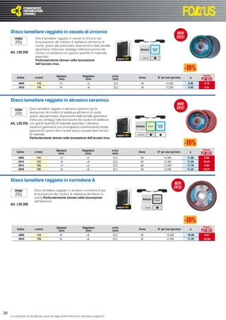 Disco lamellare raggiato in ossido di zirconio
                           Disco lamellare raggiato in ossido di zirconio per
                           la lavorazione dei cordoni di saldatura all’interno di
                           cavità, grazie alla particolare disposizione delle lamelle
                           garantisce indiscussi vantaggi nella lavorazione dei                                              Acciaio
                                                                                                                Articolo      INOX
     Art. L20 250          cordoni di saldatura con grandi quantità di materiale
                           asportato.
                                                                                               pagina 691       L20250
                           Particolarmente idoneo nella lavorazione
                           dell’acciaio inox.



                                             Spessore               Raggiatura             ø foro                                                                      Prezzo
          Codice          ø (mm)
                                              (mm)                    (mm)                 (mm)
                                                                                                              Grana                    N° giri max (gir/min)     €

          ..0005            115                 14                      >5                  22,2                40                                13.300       9,05     8,15
          ..0010            115                 16                      >8                  22,2                40                                13.300       9,45     8,51




     Disco lamellare raggiato in abrasivo ceramico
                  Disco lamellare raggiato in abrasivo ceramico per la
                  lavorazione dei cordoni di saldatura all’interno di cavità,
                  grazie alla particolare disposizione delle lamelle garantisce
                  indiscussi vantaggi nella lavorazione dei cordoni di saldatura
     Art. L20 255 con grandi quantità di materiale asportato. L’abrasivo                                                               Acciaio
                  ceramico garantisce una smerigliatura estremamente fredda                                 Articolo   Acciaio          INOX
                  garantendo quindi ottimi risultati senza causare danni termici
                  al materiale.                                                                pagina 691   L20255
                  Particolarmente idoneo nella lavorazione dell’acciaio inox.



                                             Spessore               Raggiatura             ø foro                                                                      Prezzo
          Codice          ø (mm)
                                              (mm)                    (mm)                 (mm)
                                                                                                              Grana                   N° giri max (gir/min)     €

          ..0005            115                  14                     >5                 22,2                 60                               13.300        11,00   9,90
          ..0010            115                  16                     >8                 22,2                 60                               13.300        11,35   10,22
          ..0015            125                  14                     >5                 22,2                 60                               12.200        11,10   9,99
          ..0020            125                  16                     >8                 22,2                 60                               12.200        11,45   10,31



     Disco lamellare raggiato in corindone A

                         Disco lamellare raggiato in abrasivo corindone A per
                         la lavorazione dei cordoni di saldatura all’interno di
                         cavità.Particolarmente idoneo nella lavorazione                                                         Alluminio
                                                                                                                  Articolo        e leghe
                         dell’alluminio.
     Art. L20 260
                                                                                               pagina 691         L20260




                                             Spessore               Raggiatura             ø foro                                                                      Prezzo
          Codice          ø (mm)
                                              (mm)                    (mm)                 (mm)
                                                                                                              Grana                    N° giri max (gir/min)     €

          ..0005            115                 16                      >8                 22,2                 40                                 13.300      10,90   9,81
          ..0010            125                 16                      >8                 22,2                 40                                 12.200      11,20   10,08




28
     Le condizioni di vendita per usufruire degli sconti extra sono riportate a pagina 3
 