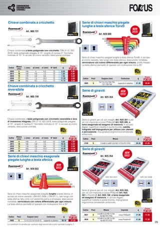 Chiave combinata a cricchetto                                                              Serie di chiavi maschio piegate
                                                                                           lunghe a testa sferica Torx®
                       Art. N05 731
                                                                              pagina 772                      Art. N20 889                                          pagina 826




Chiave combinata a testa poligonale con cricchetto, DIN 3110, ISO
3318, testa poligonale piegata di 15°, angolo di ripresa 5°, forchetta
inclinata di 15°, in acciaio al cromo vanadio, esecuzione cromata.
                                                                                           Serie di chiavi maschio piegate lunghe a testa sferica Torx®, in acciaio
                                                                                           al cromo vanadio, lato lungo con testa sferica, esecuzione nichelata,
                                                                                           verniciatura con colore differenziato per ogni misura, proﬁlo fresato.
                                                                                           La testa sferica permette di operare con inclinazione ﬁno a 20°.
          Misura                                                                Prezzo
 Codice
          (mm)
                     L (mm)    a2 (mm)       a1 (mm)     N° denti      €
 ..0005     8         140         4            6,5          72         6,35      5,08
 ..0015    10         158        4,8           7,3          72         7,35      5,88
 ..0030    13         178        5,8           8,6          72         7,55      6,04
                                                                                                                                                                      Prezzo
 ..0050    17         225        7,2          10,3          72        11,20      8,96       Codice   Pezzi       Esagono (mm)               Confezione       €
 ..0060    19         247        8,2          11,2          72        11,15      8,92
                                                                                                              T9-T10-T15-T20-T25-
                                                                                            ..0005       8                           supporto in plastica   31,30      25,04
                                                                                                                  T27-T30-T40
Chiave combinata a cricchetto
reversibile                                                                                Serie di giraviti
                       Art. N05 749                                           pagina 772                        Art. N25 354




                                                                                            pagina 833

Chiave combinata a testa poligonale con cricchetto reversibile e leva                      Serie di giraviti per viti con intaglio Art. N25 261 e per
di inversione integrata, DIN 3110, ISO 3318, testa poligonale piegata                      viti con impronta a croce Phillips® Art. N25 285, a
di 15°, angolo di ripresa 5°, forchetta inclinata di 15°, in acciaio al cromo              lama esagonale ed esagono di manovra, in acciaio
vanadio, esecuzione cromata.                                                               legato, superﬁcie rivestita e punta brunita, calotta
                                                                                           integrata nell'impugnatura per utilizzo con utensili
                                                                                           a percussione, impugnatura ergonomica bimateriale
                                                                                           antiscivolo.
          Misura                                                                Prezzo                                                                                Prezzo
 Codice
          (mm)
                     L (mm)    a2 (mm)       a1 (mm)     N° denti      €                    Codice   Pezzi                      Misure                       €
 ..0005     8         140         4            6,5          72         9,45       7,56
 ..0015    10         158        4,8           7,3          72        10,35       8,28      ..0160       6      3,5x80-4,5x90 5,5x100-7x125-PH1-PH2         26,50      21,20
 ..0030    13         178        5,8           8,6          72        11,20       8,96
 ..0050
 ..0060
           17
           19
                      225
                      247
                                 7,2
                                 8,2
                                              10,3
                                              11,2
                                                            72
                                                            72
                                                                      14,40
                                                                      16,15
                                                                                 11,52
                                                                                 12,92
                                                                                           Serie di giraviti

Serie di chiavi maschio esagonale                                                                               Art. N25 354
piegate lunghe a testa sferica

                       Art. N20 053                                           pagina 823



                                                                                                                      N25 354 0031                               N25 354 0036




                                                                                           Serie di giraviti per viti con intaglio Art. N25 265,
                                                                                           per viti con impronta a croce Phillips® Art. N25
Serie di chiavi maschio esagonale piegate lunghe a testa sferica, in
                                                                                           301 o Pozidriv® Art. N25 100, a lama esagonale
acciaio al cromo vanadio, UNI-ISO 2936 L DIN 911 L, lato lungo con
                                                                                           ed esagono di manovra, in acciaio legato,
testa sferica, lato corto con estremità piana e smussata, esecuzione                       superﬁcie rivestita e punta brunita, impugnatura
nichelata, verniciatura con colore differenziato per ogni misura.                                                                                                   pagina 833
                                                                                           ergonomica bimateriale antiscivolo.
La testa sferica permette di operare con inclinazione ﬁno a 30°.

                                                                                                                                                                      Prezzo
                                                                                            Codice   Pezzi          Misure                  Impronta         €
                                                                                                             4,5x90-5,5x100-7x130-
                                                                                Prezzo      ..0031       6                               croce Phillips®    21,60      17,28
                                                                                                                9x160-PH1-PH2
 Codice    Pezzi        Esagono (mm)                 Confezione         €
                                                                                                             4,5x90-5,5x100-7x130-
                                                                                            ..0036       6                               croce Pozidriv®    21,60      17,28
 ..0005      9      1,5-2-2,5-3-4-5-6-8-10     supporto in plastica   26,70      21,36                           9x160-PZ1-PZ2
                                                                                                                                                                                 29
Le condizioni di vendita per usufruire degli sconti extra sono riportate a pagina 3
 