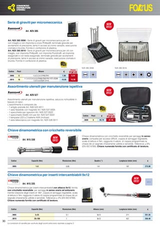 Serie di giraviti per micromeccanica

                             Art. N25 385
                                                                                    pagina 857

     Art. N25 385 0006 - Serie di giraviti per micromeccanica per viti
     con intaglio e con impronta a croce Phillips®, terminale girevole per
     avvitamenti di precisione, lama in acciaio al cromo vanadio, esecuzione
     cromata e brunita. Fornita in confezione di plastica.
     Art. N25 385 0016 - Serie di giraviti per micromeccanica per viti con
     intaglio, con impronta Phillips®, con impronta Pozidriv®, ad impronta
     esagonale e con testa esagonale, terminale girevole per avvitamenti
     di precisione, lama in acciaio al cromo vanadio, esecuzione cromata e
     brunita. Fornita in confezione di plastica.


                                                                                                 N25 385 0006                                N25 385 0016
                                                                                       Prezzo
      Codice      Pezzi                     Misure                         €
      ..0006       6                 1,4-2-2,4-3-PH0-PH1                 7,80          6,24
                           1-1,4-2-2,4-3-3,5-PH00-PH0-PH1-PZ1-ES/M
      ..0016       16                                                    19,95         15,96
                                       1,5-2-2,5-ES/F 3-4-5


     Assortimento utensili per manutenzione ispettiva

                             Art. N26 527
     Assortimento utensili per manutenzione ispettiva, astuccio richiudibile in
     tessuto di nylon.                                                                           pagina 856
     L’assortimento è composto da:
     - 1 artiglio prensile Art. N30 525 0011
     - 1 asta ﬂessibile con magnete Art. N25 537 0005
     - 1 specchietto per ispezioni Art. N25 527 0022
     - 1 specchietto 43x65 mm per Art. N25 527 0022                                                                                 Prezzo
                                                                                                  Codice      Pezzi          €
     - 1 lampada LED a 2 batterie AAA (incluse)
     - 1 asta telescopica con magnete Art. N25 526 0011                                           ..0600       6            59,70   47,76




     Chiave dinamometrica con cricchetto reversibile
                                                                                                 Chiave dinamometrica con cricchetto reversibile per serraggi in senso
                          Art. N15 330                                                           orario, compatta per accessi difﬁcili, coppia di serraggio regolabile,
                                                                                                 scala di lettura in Nm, raggiunto il valore di coppia programmato la
                                                                                                 chiave dà un segnale chiaramente udibile e sensibile. Tolleranza ± 6%
                                                                                                 (EN ISO 6789). Chiave numerata fornita con certiﬁcato di taratura.
                                                                                    pagina 812




         Codice                    Capacità (Nm)                         Risoluzione (Nm)                          Quadro (“)                    Lunghezza totale (mm)     €

         ..0005                          1÷5                                    0,05                                  1/4                                197             273,00



     Chiave dinamometrica per inserti intercambiabili 9x12

                                                                                                                                                                           9X12
                          Art. N15 335
     Chiave dinamometrica per inserti intercambiabili con attacco 9x12, fornita
     con cricchetto reversibile, per serraggi in senso orario ed antiorario
     tramite rotazione degli inserti di 180°, coppia di serraggio regolabile, scala
     di lettura in Nm, raggiunto il valore di coppia programmato la chiave dà un
     segnale chiaramente udibile e sensibile. Tolleranza ± 2% (EN ISO 6789).
     Chiave numerata fornita con certiﬁcato di taratura.                                         pagina 813



         Codice                    Capacità (Nm)                         Risoluzione (Nm)                       Attacco (mm)                     Lunghezza totale (mm)     €

         ..0005                          5÷25                                   0,1                                   9x12                               271             251,35

         ..0010                       20÷100                                    1                                     9x12                               437             256,40
30
     Le condizioni di vendita per usufruire degli sconti extra sono riportate a pagina 3
 