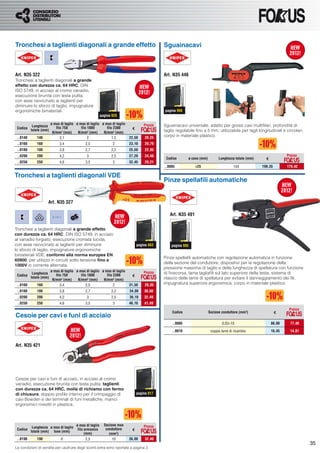 Tronchesi a taglienti diagonali a grande effetto                                            Sguainacavi



Art. N35 322                                                                                Art. N35 446
Tronchesi a taglienti diagonali a grande
effetto con durezza ca. 64 HRC, DIN
ISO 5749, in acciaio al cromo vanadio,
esecuzione brunita con testa pulita,
con asse ravvicinato ai taglienti per
diminuire lo sforzo di taglio, impugnature
ergonomiche bimateriali.                                                                    pagina 906
                                                          pagina 920

                        ø max di taglio ø max di taglio ø max di taglio            Prezzo   Sguainacavi universale, adatto per grossi cavi multiﬁlari, profondità di
           Lunghezza
 Codice
          totale (mm)
                           filo 750        filo 1800       filo 2300       €
                         N/mm² (mm)      N/mm² (mm)      N/mm² (mm)                         taglio regolabile ﬁno a 5 mm, utilizzabile per tagli longitudinali e circolari,
 ..0140      140              3,1               2              1,5        22,50     20,25
                                                                                            corpo in materiale plastico.
 ..0160      160             3,4              2,5                2        23,10     20,79
 ..0180      180             3,8              2,7               2,2       25,50     22,95
 ..0200      200             4,2              3                 2,5       27,20     24,48                                                                          Prezzo
                                                                                             Codice      ø cavo (mm)         Lunghezza totale (mm)     €
 ..0250      250             4,6              3,5                3        32,45     29,21
                                                                                            ..0005            >25                     150            199,35        179,42

Tronchesi a taglienti diagonali VDE
                                                                                            Pinze spellaﬁli automatiche


                    Art. N35 327

                                                                                               Art. N35 491

Tronchesi a taglienti diagonali a grande effetto
con durezza ca. 64 HRC, DIN ISO 5749, in acciaio
al vanadio forgiato, esecuzione cromata lucida,
con asse ravvicinato ai taglienti per diminuire                                pagina 883       pagina 905
lo sforzo di taglio, impugnature ergonomiche
bimateriali VDE, conformi alla norma europea EN
                                                                                            Pinze spellaﬁli automatiche con regolazione automatica in funzione
60900, per utilizzo in circuiti sotto tensione ﬁno a
                                                                                            della sezione del conduttore, dispositivi per la regolazione della
1000V in corrente alternata.
                                                                                            pressione massima di taglio e della lunghezza di spellatura con funzione
                        ø max di taglio ø max di taglio ø max di taglio            Prezzo
           Lunghezza                                                                        di ﬁnecorsa, lama tagliaﬁli sul lato superiore della testa, sistema di
 Codice
          totale (mm)
                           filo 750        filo 1800       filo 2300       €
                         N/mm² (mm)      N/mm² (mm)      N/mm² (mm)                         rilascio delle lame di spellatura per evitare il danneggiamento dei ﬁli,
 ..0160      160              3,4              2,5              2         31,50     28,35   impugnatura superiore ergonomica, corpo in materiale plastico.
 ..0180      180             3,8              2,7               2,2       34,00    30,60
 ..0200      200             4,2              3                 2,5       36,10    32,49
 ..0250      250             4,6              3,5                3        46,10    41,49
                                                                                                                                                                    Prezzo
                                                                                                Codice                 Sezione conduttore (mm²)               €
Cesoie per cavi e funi di acciaio
                                                                                                ..0005                         0,03÷10                     86,00     77,40

                                                                                                ..0010                  coppia lame di ricambio            16,45     14,81


Art. N35 421




Cesoie per cavi e funi di acciaio, in acciaio al cromo
vanadio, esecuzione brunita con testa pulita, taglienti
con durezza ca. 64 HRC, molla di richiamo con fermo
di chiusura, doppio proﬁlo interno per il crimpaggio di                        pagina 917
cavi Bowden e dei terminali di funi metalliche, manici
ergonomici rivestiti in plastica.



                                        ø max di taglio     Sezione max            Prezzo
           Lunghezza ø max di taglio
 Codice
          totale (mm) fune (mm)
                                         filo armonico       conduttore    €
                                              (mm)             (mm²)
 ..0190      190              6                2,5               10       36,00     32,40
                                                                                                                                                                              35
Le condizioni di vendita per usufruire degli sconti extra sono riportate a pagina 3
 