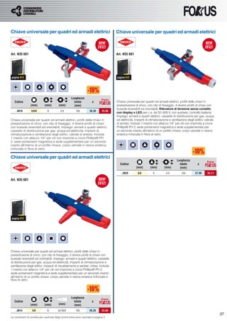 Chiave universale per quadri ed armadi elettrici                                         Chiave universale per quadri ed armadi elettrici



Art. N35 601                                                                             Art. N35 601




pagina 912                                                                               pagina 912




                                                     Lunghezza                  Prezzo
   Codice                                              totale          €                 Chiave universale per quadri ed armadi elettrici, proﬁli delle chiavi in
                 (mm)        (mm)         (mm)         (mm)                              pressofusione di zinco, con clip di ﬁssaggio, 4 diversi proﬁli di chiavi con
                                                                                         bussole reversibili ed orientabili. Rilevatore di tensione senza contatto
    ..0010        5/6/8         9          3-5           145         26,20      23,58
                                                                                         con display a LED per c.a. da 50÷600 V, con autotest, controllo batteria.
                                                                                         Impiego: armadi e quadri elettrici, cassette di distribuzione per gas, acqua
Chiave universale per quadri ed armadi elettrici, proﬁli delle chiavi in                 ed elettricità, impianti di climatizzazione e ventilazione degli ediﬁci, valvole
pressofusione di zinco, con clip di ﬁssaggio, 4 diversi proﬁli di chiavi                 di arresto. Include 1 inserto con attacco 1/4” per viti con impronta a croce
con bussole reversibili ed orientabili. Impiego: armadi e quadri elettrici,              Phillips® PH 2, sede portainserti magnetica e sede supplementare per
cassette di distribuzione per gas, acqua ed elettricità, impianti di                     un secondo inserto all’interno di un proﬁlo chiave, corpo utensile in resina
climatizzazione e ventilazione degli ediﬁci, valvole di arresto. Include                 sintetica rinforzata in ﬁbra di vetro.
1 inserto con attacco 1/4” per viti con impronta a croce Phillips® PH
2, sede portainserti magnetica e sede supplementare per un secondo
inserto all’interno di un proﬁlo chiave, corpo utensile in resina sintetica
rinforzata in ﬁbra di vetro.

Chiave universale per quadri ed armadi elettrici
                                                                                                                                          Lunghezza                Prezzo
                                                                                           Codice                                           totale         €
                                                                                                         (mm)       (mm)        (mm)        (mm)
                                                                                            ..0020        6/8         9          3-5          155        37,90     34,11

Art. N35 601




pagina 912




Chiave universale per quadri ed armadi elettrici, proﬁli delle chiavi in
pressofusione di zinco, con clip di ﬁssaggio, 3 diversi proﬁli di chiavi con
bussole reversibili ed orientabili. Impiego: armadi e quadri elettrici, cassette
di distribuzione per gas, acqua ed elettricità, impianti di climatizzazione e
ventilazione degli ediﬁci, impianti di riscaldamento e sanitari, inﬁssi. Include
1 inserto con attacco 1/4” per viti con impronta a croce Phillips® PH 2,
sede portainserti magnetica e sede supplementare per un secondo inserto
all’interno di un proﬁlo chiave, corpo utensile in resina sintetica rinforzata in
ﬁbra di vetro.




                                                     Lunghezza                 Prezzo
   Codice                                              totale          €
                 (mm)        (mm)         (mm)         (mm)
   ..0015         5/8           9        6/7/8/9         145         26,20      23,58
                                                                                                                                                                            37
Le condizioni di vendita per usufruire degli sconti extra sono riportate a pagina 3
 