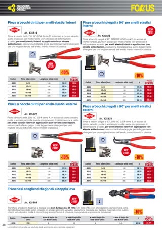 Pinze a becchi diritti per anelli elastici interni                                              Pinze a becchi piegati a 90° per anelli elastici
                                                                                                     interni

                         Art. N35 619
     Pinze a becchi diritti, DIN ISO 5256 forma C, in acciaio al cromo vanadio,                                           Art. N35 626
     punte in acciaio per molle inserite con processo di deformazione                                Pinze a becchi piegati a 90°, DIN ISO 5256 forma D, in acciaio al
     a caldo, per anelli elastici interni in applicazioni con elevate                                cromo vanadio, punte in acciaio per molle inserite con processo di
     sollecitazioni, esecuzione fosfatata grigia, punte leggermente divergenti                       deformazione a caldo, per anelli elastici interni in applicazioni con
     per una migliore tenuta dell’anello, manici rivestiti in plastica.                              elevate sollecitazioni, esecuzione fosfatata grigia, punte leggermente
                                                                                                     divergenti per una migliore tenuta dell’anello, manici rivestiti in plastica.




      pagina 888
                                                                                                        pagina 888




                                                                                     Prezzo
        Codice       Per ø albero (mm)       Lunghezza totale (mm)        €
                                                                                                                                                                               Prezzo
        ..0005              8÷13                      140               15,20        13,68
                                                                                                        Codice           Per ø albero (mm)    Lunghezza totale (mm)        €

        ..0010             12÷25                      140               15,20        13,68              ..0005                 8÷13                        130         17,35    15,62
        ..0015             19÷60                      180               16,05        14,45              ..0010                12÷25                        130         17,35    15,62
        ..0020             40÷100                     225               18,05        16,25              ..0015                19÷60                        165         17,55    15,80
        ..0025             85÷140                     320               31,00        27,90              ..0020                40÷100                       210         19,40    17,46
                                                                                                        ..0025                85÷140                       305         33,15    29,84

     Pinze a becchi diritti per anelli elastici esterni
                                                                                                     Pinze a becchi piegati a 90° per anelli elastici
                                                                                                     esterni
                         Art. N35 622
     Pinze a becchi diritti, DIN ISO 5254 forma A, in acciaio al cromo vanadio,
                                                                                                                            Art. N35 628
     punte in acciaio per molle inserite con processo di deformazione a caldo,
                                                                                                     Pinze a becchi piegati a 90°, DIN ISO 5254 forma B, in acciaio al
     per anelli elastici esterni in applicazioni con elevate sollecitazioni,
                                                                                                     cromo vanadio, punte in acciaio per molle inserite con processo di
     esecuzione fosfatata grigia, punte leggermente divergenti per una
                                                                                                     deformazione a caldo, per anelli elastici esterni in applicazioni con
     migliore tenuta dell’anello, manici rivestiti in plastica.
                                                                                                     elevate sollecitazioni, esecuzione fosfatata grigia, punte leggermente
                                                                                                     divergenti per una migliore tenuta dell’anello, manici rivestiti in plastica.




      pagina 888

                                                                                                        pagina 888




                                                                                     Prezzo                                                                                    Prezzo
        Codice       Per ø albero (mm)       Lunghezza totale (mm)        €                             Codice           Per ø albero (mm)    Lunghezza totale (mm)        €

        ..0005              3÷10                      140               17,55        15,80              ..0005                 3÷10                        130         19,15   17,24
        ..0010             10÷25                      140               16,45        14,81              ..0010                10÷25                        130         18,05   16,25
        ..0015             19÷60                      180               18,25        16,43              ..0015                19÷60                        165         19,90   17,91
        ..0020             40÷100                     225               19,90        17,91              ..0020                40÷100                       210         21,75   19,58
        ..0025             85÷140                     320               34,50        31,05              ..0025                85÷140                       305         37,55   33,80



     Tronchesi a taglienti diagonali a doppia leva


                         Art. N35 664                                                                pagina 925

     Tronchesi a taglienti diagonali a doppia leva con durezza ca. 64 HRC, DIN ISO 5743, con articolazione a ginocchiera per la
     demoltiplicazione dello sforzo di taglio, in acciaio al cromo vanadio, esecuzione fosfatata, per tagliare materiali come bulloni,
     chiodi, reti e tondini, molla di ritorno integrata con fermo di chiusura, impugnature ergonomiche bimateriali.

                      Lunghezza totale          ø max di taglio filo          ø max di taglio filo           ø max di taglio filo            ø max di taglio filo              Prezzo
        Codice                                                                                                                                                         €
                           (mm)                  220 N/mm² (mm)                750 N/mm² (mm)                1800 N/mm² (mm)                 2300 N/mm² (mm)
        ..0200              200                        6                               5,2                           4                               3,6              41,90    37,71
38
     Le condizioni di vendita per usufruire degli sconti extra sono riportate a pagina 3
 