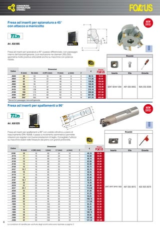 Fresa ad inserti per spianatura a 45°
    con attacco a manicotto




    Art. A58 005                                                               pagina 278



    Fresa ad inserti per spianature a 45° a passo differenziato, con passaggio
    interno del lubrorefrigerante, (con esclusione nei diametri 200-250),
    geometria molto positiva utilizzabile anche su macchine con potenze                                                                          Ricambi
    ridotte.



                                                      Dimensioni                                                Prezzo
       Codice                                                                                              €
                    D (mm)       De (mm)        d (H7) (mm)        H (mm)       p (mm)          Z                               Inserto            Vite         Giravite
       ..0040          40           53              16               40              6           3     98,15     78,52
       ..0050          50           63              22               48              6           4    111,85     89,48
       ..0063          63           76              22               48              6           5    130,85    104,68
       ..0080          80           93              27               50              6           6    156,65    125,32
       ..0100         100          113              32               50              6           6    182,45    145,96     SEKT SEHX 1204      A91 035 0055   N20 235 0200
       ..0125         125          138              40               63              6           7    215,10    172,08
       ..0160         160          173              40               63              6           8    359,60    287,68
       ..0200        200*          213              60               63              6          12    647,00    517,60
       ..0250        250*          263              60               63              6          16    817,25    653,80
    *Senza fori passaggio lubrorefrigerante.


    Fresa ad inserti per spallamenti a 90°




    Art. A58 020
                               pagina 279


    Fresa ad inserti per spallamenti a 90° con codolo cilindrico e piano di                                                                     Ricambi
    trascinamento DIN 1835B, il passo a incremento asimmetrico permette
    rotazioni più regolari con buone prestazioni di taglio. Consigliato l’utilizzo
    su macchine stabili nelle fresature dal pieno con grandi profondità.


                                                     Dimensioni                                                Prezzo
       Codice                                                                                          €
                    D (mm)        d (h6) (mm)      L(mm)        L1 (mm)       p (mm)        Z                                 Inserto              Vite         Giravite
         .0100         10             16              80           24           10          1         49,10     39,28
        ..0110         11             16              80           24           10          1         62,00     49,60
        ..0120         12             16              80           24           10          1         49,10     39,28
        ..0130         13             16              80           24           10          1         62,00     49,60
        ..0140         14             16              80           24           10          1         62,00     49,60
        ..0150         15             16              85           25           10          2         63,75     51,00
        ..0157        15,7            16              85           25           10          2         63,75     51,00
        ..0160         16             16              85           25           10          2         58,55     46,84
        ..0170         17             16              85           25           10          2         65,45     52,36
        ..0180         18             20              85           25           10          2         62,00     49,60
        ..0197        19,7            20              90           25           10          3         84,35     67,48
        ..0200         20             20              90           25           10          3         78,40     62,72
        ..0220         22             25              95           25           10          3         81,80     65,44
                                                                                                                         APKT APHT APHX 1003   A91 035 0015   A55 925 0070
        ..0247        24,7            25              95           25           10          4        114,50     91,60
        ..0250         25             25              95           25           10          3         81,80     65,44
        ..0251         25             25              95           25           10          4         91,25     73,00
        ..0280         28             25              95           25           10          4         94,65     75,72
        ..0300         30             25              95           25           10          4        100,70     80,56
        ..0320         32             25              95           26           10          5        111,00     88,80
        ..1000         10             16             150           24           10          1         65,45     52,36
        ..1200         12             16             150           24           10          1         65,45     52,36
        ..1600         16             16             150           24           10          2         74,90     59,92
        ..1800         18             16             150           25           10          2        100,70     80,56
        ..2000         20             20             150           25           10          3         94,65     75,72
        ..2500         25             20             150           25           10          4        107,60     86,08
        ..3200         32             25             150           26           10          5        127,35    101,88
4
    Le condizioni di vendita per usufruire degli sconti extra sono riportate a pagina 3
 