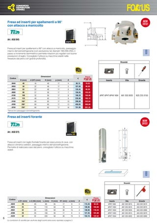 Fresa ad inserti per spallamenti a 90°
    con attacco a manicotto



    Art. A58 045
                                                                                 pagina 281


    Fresa ad inserti per spallamenti a 90° con attacco a manicotto, passaggio
    interno del lubrorefrigerante (con esclusione nei diametri 160-200-250), il
    passo a incremento asimmetrico permette rotazioni più regolari con buone
    prestazioni di taglio. Consigliato l’utilizzo su macchine stabili nelle
    fresature dal pieno con grandi profondità.
                                                                                                                                                Ricambi




                                                Dimensioni                                              Prezzo
       Codice                                                                                   €
                    D (mm)       d (H7) (mm)        H (mm)       p (mm)            Z                                            Inserto              Vite         Giravite
        ..0040         40             16                 40          17            4          98,15      78,52
        ..0050         50             22                 40          17            5          107,60     86,08
        ..0063         63             22                 40          17            6          120,45     96,36
        ..0080         80             27                 50          17            7          156,65    125,32
        ..0100        100             32                 50          17            8          196,20    156,96            APKT APHT APHX 1604   A91 035 0035    N20 235 0150
        ..0125        125             40                 63          17            9          228,90    183,12
        ..0160        160*            40                 63          17           10          290,80    232,64
        ..0200        200*            60                 63          17           13          450,85    360,68
        ..0250        250*            60                 63          17           16          751,95    601,56
    *Senza fori passaggio lubrorefrigerante.


    Fresa ad inserti forante



    Art. A58 075
                                                                                 pagina 283



    Fresa ad inserti con taglio frontale forante per esecuzione di cave, con
    attacco cilindrico weldon, passaggio interno del lubrorefrigerante.
    Permette di realizzare cave dal pieno, consigliato l’utilizzo su macchine
    stabili.




                                                                                                                                                   Ricambi




                                                    Dimensioni                                                   Prezzo
      Codice                                                                                              €
                  ø D1 (mm)     ø d (h6) (mm)     L (mm)      H (mm)      H1 (mm) a (mm)            Z                              Inserto           Vite         Giravite
       ..0020         20              20            90          35          17         9            3   115,35   92,28            APKT 1003      A91 035 0015   A55 925 0070
       ..0025         25              25           110          50          19         9            3   130,85   104,68           APKT 1003      A91 035 0015   A55 925 0070
       ..0032         32              32           130          50          30         15           3   148,05   118,44           APKT 1604      A91 035 0035   A55 925 0090
       ..0200         20              20           150          30          17         9            3   127,35   101,88           APKT 1003      A91 035 0015   A55 925 0070
       ..0320         32              32           220          50          30         15           3   153,15   122,52           APKT 1604      A91 035 0035   A55 925 0090
6
    Le condizioni di vendita per usufruire degli sconti extra sono riportate a pagina 3
 