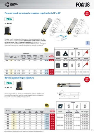 Fresa ad inserti per smussi e svasature registrabile da 10° a 80°




Art. A58 095




 pagina 285



Fresa ad inserti, registrabile per esecuzione di smussi e svasature da 10° a
80°, con attacco cilindrico weldon, la fresa viene fornita con due cassette
portainserto, per inserti triangolari e quadrati, per lavorazioni di
sbavatura di fori, asole e tasche, per la fresatura di bordi piastra. Consigliato
l’utilizzo su macchine con una buona rigidità (non utilizzare su trapani).

                                                                                                                                                  Ricambi



                                          Dimensioni
                                       ø D min   ø D max   ø D min ø D max                      Prezzo
Codice     d (h6)      L                                                                €
                               Y°     (A91 070) (A91 070) (A91 065) (A91 065)
           (mm)      (mm)
                                        (mm)       (mm      (mm)      (mm                                   Ricambio         Inserto       Vite             Vite        Giravite
 ..0200       20      100    10÷80       5÷23         34     7,5÷27        33,5       196,20    156,96     A91 070 0005    TCMT 16T3   A91 035 0035 A91 015 0005     A55 925 0090




 ..0250       25      100    10÷80       5÷23         34     7,5÷27        33,5       196,20    156,96
 ..0251       25      150    10÷80       5÷23         34     7,5÷27        33,5       212,55    170,04     A91 065 0005    SCMT 1204   A91 035 0045 A91 015 0005 A55 925 0100
 ..0252       25      200    10÷80       5÷23         34     7,5÷27        33,5       228,90    183,12


Bareno registrabile per alesatura




Art. A58 115
                            pagina 287



Bareno registrabile per alesatura, monotagliente, attacco cilindrico con
piano di posizionamento, le viti di regolazione permettono di barenare il
foro con la tolleranza ed il diametro desiderato.



                                                                                                                                          Ricambi




                                                Dimensioni
                                                                                                  Prezzo
   Codice          ø min      ø max         L          L1        L2         d (h6)          €                                        Vite             Vite
                                                                                                                 Inserto                                           Vite ﬁssaggio
                   (mm)       (mm)        (mm)        (mm)      (mm)        (mm)                                                 regolazione        inserto
    0010            10          12         100         70         30          10       117,05     93,64                          A91 020 0005                      A91 005 0005
    0012            12          15         105         70         30          12       125,65    100,52                          A91 020 0005                      A91 005 0010
                                                                                                               CCMT 0602..                        A91 035 0015
    0015            15          20         110         60         50          16       132,55    106,04                          A91 020 0010                      A91 005 0015
    0020            20          25         120         60         60          20       135,95    108,76                          A91 020 0015                      A91 005 0020
    0025            25          30         140         70         70          25       144,55    115,64                          A91 020 0020                      A91 005 0025
    0030            30          35         160         70         90          25       151,45    121,16                          A91 020 0025                      A91 005 0030
    0035            35          40         170         70         100         32       173,85    139,08        CCMT 09T3..       A91 020 0030     A91 035 0025     A91 005 0035
    0040            40          45         190         70         120         32       189,30    151,44                          A91 020 0035                      A91 005 0040
    0045            45          50         220         70         150         32       218,55    174,84                          A91 020 0040                      A91 005 0045
                                                                                                                                                                                    7
Le condizioni di vendita per usufruire degli sconti extra sono riportate a pagina 3
 