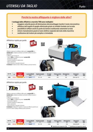 PunteUTENSILI DA TAGLIO
10 -
Spedizione da magazzino CDU Spedizione da magazzino esterno
Perchè la nostra afﬁlapunte è migliore delle altre?
I vantaggi delle afﬁlatrici a marchio TKN sono molteplici:
• maggiore velocità grazie all’eliminazione del presettaggio tramite il nonio micrometrico
• afﬁlatura dell’angolo di spoglia ottimizzata grazie al contatto frontale con la mola
• possibilità di afﬁlare anche le punte da lamiera sostituendo solamente la mola
• minore manutenzione grazie al vano elettrico separato dal resto della macchina
• sostituzione del motore più semplice e immediata
Afﬁlatrice rapida per punte
Afﬁlatrice rapida per la riafﬁlatura delle punte in acciaio HSS e in
metallo duro, semplice da utilizzare, permette di afﬁlare le punte in
tempi brevi.
L’afﬁlatrice viene fornita con:
- mola in CBN per l’afﬁlatura di punte in acciaio HSS
- posizionatore tagliente
- mandrino portapinze e relative pinze
- attacco aspirazione
- chiavi di servizio e manuale di istruzioni
A richiesta fornibile il KIT mandrino+5 pinze per afﬁlare le punte ﬁno al
ø 34 mm e mola in CBN per afﬁlatura punte da lamiera.
A42105
€
Prezzo ø punte afﬁlabili
(mm)
Angolo di spoglia
(°)
N° di giri
(1/min)
Potenza motore
(W)
Alimentazione
(V)
Dimensioni
(mm)
Peso
(Kg)
0010 1360,00 € 1.250,00 v 12÷26 90÷140 4500 300 230 385x255x265 34
Afﬁlatrice rapida per punte
Afﬁlatrice rapida per la riafﬁlatura delle punte in acciaio HSS e in
metallo duro, semplice da utilizzare, permette di afﬁlare le punte in
tempi brevi.
L’afﬁlatrice viene fornita con:
- mola in CBN per l’afﬁlatura di punte in acciaio HSS
- posizionatore tagliente
- mandrino portapinze e relative pinze
- attacco aspirazione
- chiavi di servizio e manuale di istruzioni
A richiesta fornibile la mola in CBN per afﬁlatura punte per lamiera.
A42105
€
Prezzo ø punte afﬁlabili
(mm)
Angolo di spoglia
(°)
N° di giri
(1/min)
Potenza motore
(W)
Alimentazione
(V)
Dimensioni
(mm)
Peso
(Kg)
0005 735,00 € 675,00 v 2÷13 90÷140 5500 200 230 296x180x170 13
 