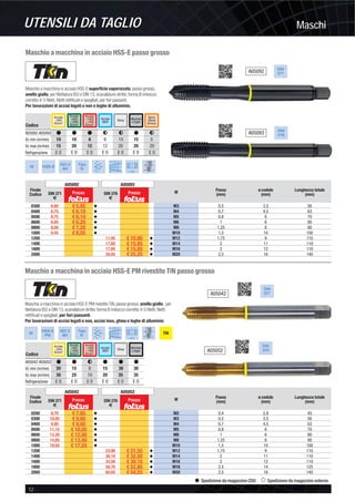 MaschiUTENSILI DA TAGLIO
12 -
Spedizione da magazzino CDU Spedizione da magazzino esterno
Maschio a macchina in acciaio HSS-E PM rivestito TiN passo grosso
Maschio a macchina in acciaio HSS-E PM rivestito TiN, passo grosso, anello giallo, per
ﬁlettatura ISO e DIN 13, scanalature diritte, forma B imbocco corretto 4-5 ﬁletti, ﬁletti
rettiﬁcati e spogliati, per fori passanti.
Per lavorazioni di acciai legati e non, acciai inox, ghise e leghe di alluminio.
Acciaio
<850
N/mm²
Acciaio
>850
<1000
N/mm²
Acciaio
>1000
<1400
N/mm²
Acciaio
INOX Ghisa
Codice
# # F # # #A05042-A05052
Vc min (m/min)
Vc max (m/min)
Refrigerazione
Alluminio
e leghe
20 15 6 15 30 30
30 25 10 20 35 35
E O E O E O E O E O E O
M
HSS-E
PM
ISO 2
6H
Tipo
N
60°
4–5
B > 3xd
Maschio a macchina in acciaio HSS-E passo grosso
Maschio a macchina in acciaio HSS-E superﬁcie vaporizzata, passo grosso,
anello giallo, per ﬁlettatura ISO e DIN 13, scanalature diritte, forma B imbocco
corretto 4-5 ﬁletti, ﬁletti rettiﬁcati e spogliati, per fori passanti.
Per lavorazioni di acciai legati e non e leghe di alluminio.
Acciaio
<850
N/mm²
Acciaio
>850
<1000
N/mm²
Acciaio
>1000
<1400
N/mm²
Acciaio
INOX Ghisa
Rame
Ottone
Bronzo
Codice
# # # F F # FA05092-A05093
Vc min (m/min)
Vc max (m/min)
Refrigerazione
Alluminio
e leghe
10 10 6 6 15 15 5
15 20 12 12 20 20 20
E O E O E O E O E O E O E O
M HSS-E
ISO 2
6H
Tipo
N
60°
4–5
B > 3xd
DIN
376
DIN
371A05092
A05093
Finale
Codice
A05092 A05093
M Passo
(mm)
ø codolo
(mm)
Lunghezza totale
(mm)DIN 371
€
Prezzo DIN 376
€
Prezzo
0300 6,60 € 5,95 v M3 0,5 3,5 56
0400 6,75 € 6,10 v M4 0,7 4,5 63
0500 6,75 € 6,10 v M5 0,8 6 70
0600 6,85 € 6,20 v M6 1 6 80
0800 8,00 € 7,20 v M8 1,25 8 90
1000 9,45 € 8,55 v M10 1,5 10 100
1200 11,95 € 10,80 v M12 1,75 9 110
1400 17,60 € 15,85 v M14 2 11 110
1600 17,60 € 15,85 v M16 2 12 110
2000 28,05 € 25,25 v M20 2,5 16 140
DIN
371A05042
DIN
376A05052
Finale
Codice
A05042 A05052
M
Passo
(mm)
ø codolo
(mm)
Lunghezza totale
(mm)DIN 371
€
Prezzo DIN 376
€
Prezzo
0200 8,70 € 7,85 v M2 0,4 2,8 45
0300 10,85 € 9,80 v M3 0,5 3,5 56
0400 9,95 € 9,00 v M4 0,7 4,5 63
0500 11,15 € 10,05 v M5 0,8 6 70
0600 13,30 € 12,00 v M6 1 6 80
0800 14,85 € 13,40 v M8 1,25 8 90
1000 19,50 € 17,55 v M10 1,5 10 100
1200 23,90 € 21,55 v M12 1,75 9 110
1400 36,10 € 32,50 v M14 2 11 110
1600 33,50 € 30,15 v M16 2 12 110
1800 58,70 € 52,85 v M18 2,5 14 125
2000 60,60 € 54,55 v M20 2,5 16 140
 