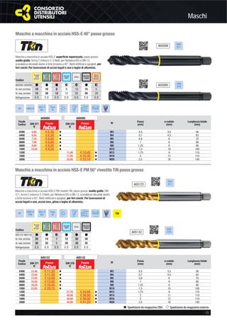 Maschi
- 13
Spedizione da magazzino CDU Spedizione da magazzino esterno
Maschio a macchina in acciaio HSS-E PM 50° rivestito TiN passo grosso
Maschio a macchina in acciaio HSS-E PM rivestito TiN, passo grosso, anello giallo, DIN
371, forma C imbocco 2-3 ﬁletti, per ﬁlettatura ISO e DIN 13, scanalature elicoidali destre
a forte torsione a 50°, ﬁletti rettiﬁcati e spogliati, per fori ciechi. Per lavorazioni di
acciai legati e non, acciai inox, ghise e leghe di alluminio.
Acciaio
<850
N/mm²
Acciaio
>850
<1000
N/mm²
Acciaio
>1000
<1400
N/mm²
Acciaio
INOX Ghisa
Codice
# # F # # #A05122-A05132
Vc min (m/min)
Vc max (m/min)
Refrigerazione
Alluminio
e leghe
20 15 4 12 30 30
30 25 6 20 35 35
E O E O E O E O E O E O
Maschio a macchina in acciaio HSS-E 40° passo grosso
Maschio a macchina in acciaio HSS-E superﬁcie vaporizzata, passo grosso,
anello giallo, forma C imbocco 2-3 ﬁletti, per ﬁlettatura ISO e DIN 13,
scanalature elicoidali destre a forte torsione a 40°, ﬁletti rettiﬁcati e spogliati, per
fori ciechi. Per lavorazioni di acciai legati e non e leghe di alluminio.
Acciaio
<850
N/mm²
Acciaio
>850
<1000
N/mm²
Acciaio
>1000
<1400
N/mm²
Acciaio
INOX Ghisa
Rame
Ottone
Bronzo
Codice
# # # F F # FA05094-A05095
Vc min (m/min)
Vc max (m/min)
Refrigerazione
Alluminio
e leghe
10 10 6 6 15 15 5
15 20 12 12 20 20 20
E O E O E O E O E O E O E O
DIN
376
DIN
371A05094
A05095
Finale
Codice
A05094 A05095
M
Passo
(mm)
ø codolo
(mm)
Lunghezza totale
(mm)DIN 371
€
Prezzo DIN 376
€
Prezzo
0300 6,95 € 6,30 v M3 0,5 3,5 56
0400 6,95 € 6,30 v M4 0,7 4,5 63
0500 7,35 € 6,65 v M5 0,8 6 70
0600 7,60 € 6,85 v M6 1 6 80
0800 8,90 € 8,05 v M8 1,25 8 90
1000 10,20 € 9,20 v M10 1,5 10 100
1200 11,60 € 10,45 v M12 1,75 9 110
1600 17,05 € 15,35 v M16 2 12 110
2000 25,65 € 23,10 v M20 2,5 16 140
DIN
371A05122
DIN
376A05132
Finale
Codice
A05122 A05132
M Passo
(mm)
ø codolo
(mm)
Lunghezza totale
(mm)DIN 371
€
Prezzo DIN 376
€
Prezzo
0300 12,40 € 11,20 v M3 0,5 3,5 56
0400 12,40 € 11,20 v M4 0,7 4,5 63
0500 13,30 € 12,00 v M5 0,8 6 70
0600 15,45 € 13,95 v M6 1 6 80
0800 18,25 € 16,45 v M8 1,25 8 90
1000 23,05 € 20,75 v M10 1,5 10 100
1200 27,70 € 24,95 v M12 1,75 9 110
1400 40,00 € 36,00 v M14 2 11 110
1600 40,00 € 36,00 v M16 2 12 110
2000 45,80 € 41,25 v M20 2,5 16 140
M HSS-E
ISO 2
6H
Tipo
N
60°
40°
2–3
C
M
HSS-E
PM
ISO 2
6H
Tipo
N
60°
50°
2–3
C
 