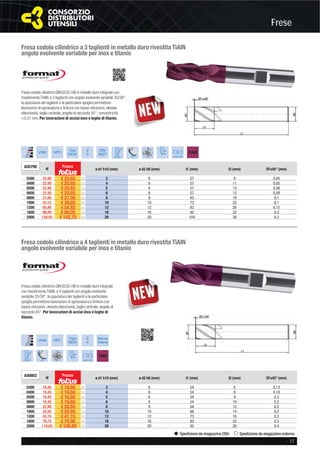 Frese
- 17
Spedizione da magazzino CDU Spedizione da magazzino esterno
Fresa codolo cilindrico a 3 taglienti in metallo duro rivestita TiAlN
angolo evolvente variabile per inox e titanio
Fresa codolo cilindrico DIN 6535-HB in metallo duro integrale con
rivestimento TiAlN, a 3 taglienti con angolo evolvente variabile 35/38°,
la spaziatura dei taglienti e la particolare spoglia permettono
lavorazioni di sgrossatura e ﬁnitura con basse vibrazioni, elevata
silenziosità, taglio centrale, angolo di raccordo 45°, concentricità
<0,01 mm. Per lavorazioni di acciai inox e leghe di titanio.
VHM HPC
Tipo
INOX
Z
3
DIN
6527
35/38° 45° 6535-HB
A50798
€
Prezzo
ø d1 h10 (mm) ø d2 h6 (mm) l1 (mm) l2 (mm) EFx45° (mm)
0300 22,90 € 20,65 ȣ 3 6 57 8 0,05
0400 22,90 € 20,65 ȣ 4 6 57 11 0,05
0500 22,90 € 20,65 ȣ 5 6 57 13 0,08
0600 22,90 € 20,65 ȣ 6 6 57 13 0,08
0800 31,00 € 27,90 ȣ 8 8 63 19 0,1
1000 43,15 € 38,85 ȣ 10 10 72 22 0,1
1200 60,90 € 54,85 ȣ 12 12 83 26 0,15
1600 98,90 € 89,05 ȣ 16 16 92 32 0,2
2000 158,50 € 142,70 ȣ 20 20 104 38 0,2
Fresa codolo cilindrico a 4 taglienti in metallo duro rivestita TiAlN
angolo evolvente variabile per inox e titanio
Fresa codolo cilindrico DIN 6535-HB in metallo duro integrale
con rivestimento TiAlN, a 4 taglienti con angolo evolvente
variabile 35/38°, la spaziatura dei taglienti e la particolare
spoglia permettono lavorazioni di sgrossatura e ﬁnitura con
basse vibrazioni, elevata silenziosità, taglio centrale, angolo di
raccordo 45°. Per lavorazioni di acciai inox e leghe di
titanio.
VHM HPC
Tipo
INOX
Z
4
Norma
interna
35/38° 45° 6535-HB
A50803
€
Prezzo
ø d1 h10 (mm) ø d2 h6 (mm) l1 (mm) l2 (mm) EFx45° (mm)
0300 18,45 € 16,60 ȣ 3 6 54 6 0,13
0400 18,45 € 16,60 ȣ 4 6 54 8 0,18
0500 18,45 € 16,60 ȣ 5 6 54 9 0,2
0600 18,45 € 16,60 ȣ 6 6 54 10 0,2
0800 22,90 € 20,65 ȣ 8 8 58 12 0,2
1000 32,05 € 28,85 ȣ 10 10 66 14 0,2
1200 45,70 € 41,15 ȣ 12 12 73 16 0,3
1600 78,75 € 70,90 ȣ 16 16 82 22 0,3
2000 118,65 € 106,80 ȣ 20 20 92 26 0,4
 