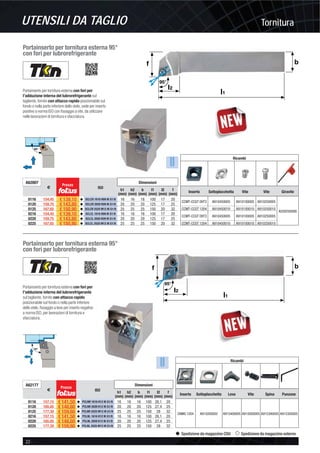 TornituraUTENSILI DA TAGLIO
22 -
Spedizione da magazzino CDU Spedizione da magazzino esterno
Portainserto per tornitura esterna 95°
con fori per lubrorefrigerante
Portainserto per tornitura esterna con fori per
l’adduzione interna del lubrorefrigerante sul
tagliente, fornito con attacco rapido posizionabile sul
fondo o nella parte inferiore dello stelo, sede per inserto
positivo a norma ISO con ﬁssaggio a vite, da utilizzare
nelle lavorazioni di tornitura e sfacciatura.
Ricambi
Inserto Sottoplacchetta Vite Vite Giravite
CCMT-CCGT 09T3 A910450005 A910100005 A910250005
A559250090
CCMT-CCGT 1204 A910450010 A910100010 A910250010
CCMT-CCGT 09T3 A910450005 A910100005 A910250005
CCMT-CCGT 1204 A910450010 A910100010 A910250010
A62007
€
Prezzo
ISO
Dimensioni
h1
(mm)
h2
(mm)
b
(mm)
l1
(mm)
l2
(mm)
f
(mm)
0116 154,45 € 139,10 v SCLCR 1616 H09 IK G1/8 16 16 16 100 17 20
0120 159,75 € 143,80 v SCLCR 2020 K09 IK G1/8 20 20 20 125 17 25
0125 167,65 € 150,90 v SCLCR 2525 M12 IK G1/8 25 25 25 150 20 32
0216 154,45 € 139,10 v SCLCL 1616 H09 IK G1/8 16 16 16 100 17 20
0220 159,75 € 143,80 v SCLCL 2020 K09 IK G1/8 20 20 20 125 17 25
0225 167,65 € 150,90 v SCLCL 2525 M12 IK G1/8 25 25 25 150 20 32
Portainserto per tornitura esterna 95°
con fori per lubrorefrigerante
Portainserto per tornitura esterna con fori per
l’adduzione interna del lubrorefrigerante
sul tagliente, fornito con attacco rapido
posizionabile sul fondo o nella parte inferiore
dello stelo, ﬁssaggio a leva per inserto negativo
a norma ISO, per lavorazioni di tornitura e
sfacciatura.
Ricambi
Inserto Sottoplacchetta Leva Vite Spina Punzone
CNMG 1204 A915050005 A915400005 A915000005 A915300005 A915350005
A62177
€
Prezzo
ISO
Dimensioni
h1
(mm)
h2
(mm)
b
(mm)
l1
(mm)
l2
(mm)
f
(mm)
0116 157,15 € 141,50 v PCLNR 1616 H12 IK G1/8 16 16 16 100 26,1 20
0120 165,05 € 148,60 v PCLNR 2020 K12 IK G1/8 20 20 20 125 27,4 25
0125 177,30 € 159,60 v PCLNR 2525 M12 IK G1/8 25 25 25 150 28 32
0216 157,15 € 141,50 v PCLNL 1616 H12 IK G1/8 16 16 16 100 26,1 20
0220 165,05 € 148,60 v PCLNL 2020 K12 IK G1/8 20 20 20 125 27,4 25
0225 177,30 € 159,60 v PCLNL 2525 M12 IK G1/8 25 25 25 150 28 32
 