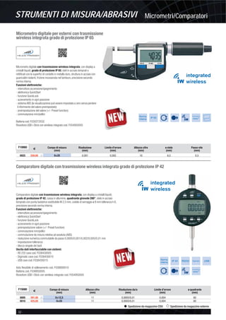 Micrometri/ComparatoriSTRUMENTI DI MISURA/ABRASIVI
32 -
Spedizione da magazzino CDU Spedizione da magazzino esterno
Micrometro digitale per esterni con trasmissione
wireless integrata grado di protezione IP 65
Micrometro digitale con trasmissione wireless integrata, con display a
cristalli liquidi, grado di protezione IP 65, steli in acciaio temprati e
rettiﬁcati con le superﬁci di contatto in metallo duro, struttura in acciaio con
guancialini isolanti, frizione incorporata nel tamburo, precisione secondo
norma interna.
Funzioni elettroniche:
- interruttore accensione/spegnimento
- elettronica QuickStart
- funzione QuickLock
- azzeramento in ogni posizione
- sistema ABS (la visualizzazione può essere impostata a zero senza perdere
il riferimento del valore preimpostato)
- preimpostazione del valore (+/- Preset function)
- commutazione mm/pollici
Batteria cod. F030272032
Ricevitore USB i-Stick con wireless integrato cod. F054950005
Norma
interna
IP 65
Conversione
mm/”
F10860
€ Campo di misura
(mm)
Risoluzione
(mm)
Limite d’errore
(mm)
Altezza cifre
(mm)
ø stelo
(mm)
Passo vite
(mm)
0025 259,00 ȣ 0÷25 0,001 0,002 10 6,5 0,5
Comparatore digitale con trasmissione wireless integrata grado di protezione IP 42
Comparatore digitale con trasmissione wireless integrata, con display a cristalli liquidi,
grado di protezione IP 42, cassa in alluminio, quadrante girevole 280°, stelo in acciaio
temprato con punta tastatrice sostituibile M 2,5 mm, codolo di serraggio ø 8 mm tolleranza h 6,
precisione secondo norma interna.
Funzioni elettroniche:
- interruttore accensione/spegnimento
- elettronica QuickStart
- funzione QuickLock
- azzeramento in ogni posizione
- preimpostazione valore (+/- Preset function)
- commutazione mm/pollici
- commutazione da misura relativa ad assoluta (ABS)
- risoluzione numerica commutabile da passo 0,0005/0,001/0,002/0,005/0,01 mm
- impostazione tolleranza
- blocco singolo dei tasti
Uscita dati interfacciabile con sistemi:
- RS 232 cavo cod. F038430005
- Digimatic cavo cod. F038430010
- USB cavo cod. F038430015
Asta ﬂessibile di sollevamento cod. F038900010
Batteria cod. F038850005
Ricevitore USB i-Stick con wireless integrato cod. F054950005
Norma
interna
IP 42 RS232 Digimatic USB
Conversione
mm/”
F15680
€ Campo di misura
(mm)
Altezza cifre
(mm)
Risoluzione da/a
(mm)
Limite d’errore
(mm)
ø quadrante
(mm)
0005 391,00 ȣ 0÷12,5 11 0,0005/0,01 0,004 60
0010 425,00 ȣ 0÷25 11 0,0005/0,01 0,004 60
 