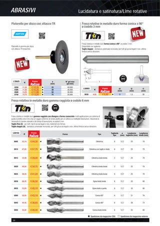 Lucidatura e satinatura/Lime rotativeABRASIVI
34 -
Spedizione da magazzino CDU Spedizione da magazzino esterno
Platorello per disco con attacco TR
Platorello in gomma per disco
con attacco TR (maschio).
L70025
€
Prezzo ø
(mm)
N° giri max
(gir/min)
0250 11,50 € 10,35 v 25 40.000
0380 11,50 € 10,35 v 38 30.000
0500 13,25 € 11,90 v 50 30.000
0750 14,70 € 13,20 v 75 20.000
Fresa rotativa in metallo duro forma conica a 90°
ø codolo 3 mm
Fresa rotativa in metallo duro forma conica a 90°, ø codolo 3 mm.
Disponibile con tagliente:
Taglio doppio - dentatura universale incrociata, per tutti gli acciai legati e non, ottima
ﬁnitura senza vibrazioni.
l1
l2
d1
L50093
€
Prezzo d1
(mm)
l2
(mm)
l1
(mm)
0030 6,85 € 5,85 v 3 1,5 38
Fresa rotativa in metallo duro gamma raggiata ø codolo 6 mm
Fresa rotativa in metallo duro gamma raggiata con disegno a forma rovesciata, multi applicazione con sistema di
guida e proﬁlo unico che crea un raggio uniforme, le rende adatte per un utilizzo su molteplici lavorazioni, riducendo le
necessità di cambio utensile e dei tempi di lavorazione, ø codolo 6 mm.
Taglio ﬁne (2) - per tutti i tipi di acciai legati e non, materiali non ferrosi.
Taglio doppio (6) - dentatura universale incrociata, per tutti gli acciai legati e non, ottima ﬁnitura senza vibrazioni.
L50155
€
Prezzo
Forma Tipo
Tagliente
tipo
ø
(mm)
Lunghezza
tagliente (mm)
Lunghezza
totale (mm)
0005 52,10 € 44,30 v Cilindrica 6 12,7 25 70
0010 67,85 € 57,70 v Cilindrica con taglio in testa 6 12,7 25 70
0015 32,90 € 28,00 v Cilindrica testa tonda 2 12,7 25 70
0020 40,85 € 34,75 v Cilindrica testa tonda 2 12,7 25 70
0025 48,45 € 41,20 v Cilindrica testa tonda 6 12,7 25 70
0030 66,45 € 56,50 v Ogiva testa tonda 6 12,7 35 80
0035 53,05 € 45,10 v Ogiva testa a punta 6 12,7 35 80
0040 50,65 € 43,10 v Conica 60° 6 12,7 31 76
0045 45,45 € 38,65 v Conica 90° 6 12,7 28 73
0050 56,95 € 48,45 v Conica testa tonda 6 12,7 35 80
 