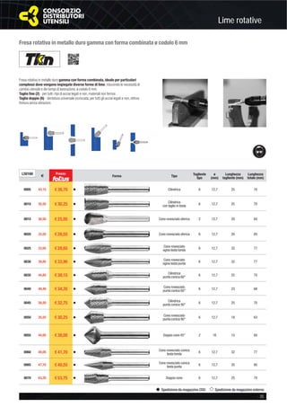 Lime rotative
- 35
Spedizione da magazzino CDU Spedizione da magazzino esterno
Fresa rotativa in metallo duro gamma con forma combinata ø codolo 6 mm
Fresa rotativa in metallo duro gamma con forma combinata, ideale per particolari
complessi dove vengono impiegate diverse forme di lime, riducendo le necessità di
cambio utensile e dei tempi di lavorazione, ø codolo 6 mm.
Taglio ﬁne (2) - per tutti i tipi di acciai legati e non, materiali non ferrosi.
Taglio doppio (6) - dentatura universale incrociata, per tutti gli acciai legati e non, ottima
ﬁnitura senza vibrazioni.
L50160
€
Prezzo
Forma Tipo
Tagliente
tipo
ø
(mm)
Lunghezza
tagliente (mm)
Lunghezza
totale (mm)
0005 43,15 € 36,70 v Cilindrica 6 12,7 25 70
0010 35,55 € 30,25 v Cilindrica
con taglio in testa
6 12,7 25 70
0015 30,50 € 25,95 v Cono rovesciato sferica 2 12,7 20 65
0020 33,55 € 28,55 v Cono rovesciato sferica 6 12,7 20 65
0025 33,65 € 28,65 v Cono rovesciato
ogiva testa tonda
6 12,7 32 77
0030 39,85 € 33,90 v Cono rovesciato
ogiva testa punta
6 12,7 32 77
0035 44,85 € 38,15 v Cilindrica
punta conica 60° 6 12,7 25 70
0040 40,40 € 34,35 v Cono rovesciato
punta conica 60° 6 12,7 23 68
0045 38,50 € 32,75 v Cilindrica
punta conica 90°
6 12,7 25 70
0050 35,55 € 30,25 v Cono rovesciato
punta conica 90° 6 12,7 18 63
0055 44,65 € 38,00 v Doppio cono 45° 2 16 15 60
0060 49,05 € 41,70 v Cono rovesciato conica
testa tonda 6 12,7 32 77
0065 47,70 € 40,55 v Cono rovesciato conica
testa punta
6 12,7 35 80
0070 63,20 € 53,75 v Doppio cono 6 12,7 25 70
 