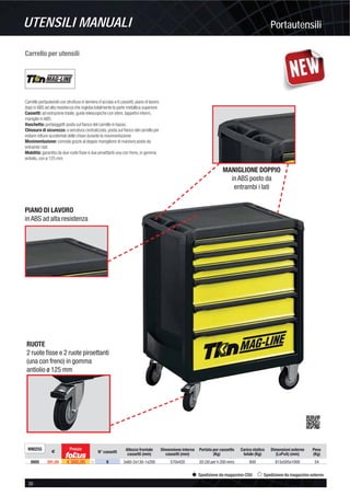 PortautensiliUTENSILI MANUALI
38 -
Spedizione da magazzino CDU Spedizione da magazzino esterno
Carrello per utensili
Carrello portautensili con struttura in lamiera d’acciaio a 6 cassetti, piano di lavoro
(top) in ABS ad alta resistenza che ingloba totalmente la parte metallica superiore.
Cassetti: ad estrazione totale, guide telescopiche con sfere, tappetini interni,
maniglie in ABS.
Vaschetta: portaoggetti posta sul ﬁanco del carrello in basso.
Chiusura di sicurezza: a serratura centralizzata, posta sul ﬁanco del carrello per
evitare rotture accidentali delle chiavi durante la movimentazione.
Movimentazione: comoda grazie al doppio maniglione di manovra posto da
entrambi i lati.
Mobilità: garantita da due ruote ﬁsse e due piroettanti una con freno, in gomma
antiolio, con ø 125 mm.
N90255
€
Prezzo
N° cassetti
Altezza frontale
cassetti (mm)
Dimensione interna
cassetti (mm)
Portata per cassetto
(Kg)
Carico statico
totale (Kg)
Dimensioni esterne
(LxPxA) (mm)
Peso
(Kg)
0005 391,00 € 360,00 ȣ 6 3x60-2x130-1x200 570x420 20 (30 per h 200 mm) 800 815x505x1000 54
MANIGLIONE DOPPIO
in ABS posto da
entrambi i lati
PIANO DI LAVORO
in ABS ad alta resistenza
RUOTE
2 ruote ﬁsse e 2 ruote piroettanti
(una con freno) in gomma
antiolio ø 125 mm
 