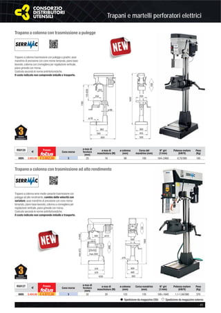 Trapani e martelli perforatori elettrici
- 41
Spedizione da magazzino CDU Spedizione da magazzino esterno
Trapano a colonna con trasmissione a pulegge
Trapano a colonna con trasmissione ad alto rendimento
Trapano a colonna trasmissione con pulegge a gradini, asse
mandrino di precisione con cono morse temprato, piano base
lavorato, colonna con cremagliera per regolazione verticale,
piano girevole con morsa.
Costruito secondo le norme antinfortunistiche.
Il costo indicato non comprende imballo e trasporto.
Trapano a colonna serie medio-pesante trasmissione con
pulegge ad alto rendimento, cambio delle velocità con
variatore, asse mandrino di precisione con cono morse
temprato, piano base lavorato, colonna a cremagliera per
regolazione verticale, piano girevole con morsa.
Costruito secondo le norme antinfortunistiche.
Il costo indicato non comprende imballo e trasporto.
250
ø98
1185
155-830
560
203
850
ø18
383
100
350
410
500
3601650
469
600
409
ø16
665
1900
135
679
ø123
325x325
max.850
min.6720-690
619
1030
300
130
690
R50120
€
Prezzo
Cono morse
ø max di
foratura
(mm)
ø max di
maschiatura (M)
ø colonna
(mm)
Corsa del
mandrino (mm)
N° giri
(1/min)
Potenza motore
(kW/V)
Peso
(Kg)
0005 2.893,00 € 2.662,00 3 25 16 98 100 164÷2460 0,75/380 185
R50127
€
Prezzo
Cono morse
ø max di
foratura
(mm)
ø max di
maschiatura (M)
ø colonna
(mm)
Corsa mandrino
(mm)
N° giri
(1/min)
Potenza motore
(kW/V)
Peso
(Kg)
0005 5.404,00 € 4.972,00 3 32 20 123 135 100÷1640 1,1-1,84/380 370
 