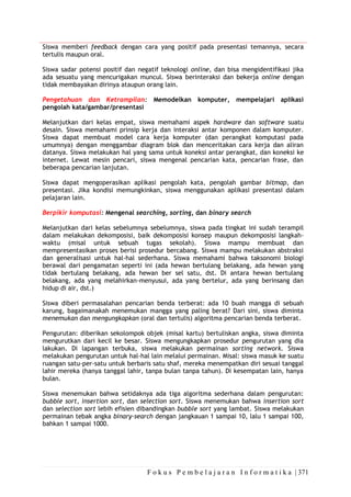 F o k u s P e m b e l a j a r a n I n f o r m a t i k a | 371
Siswa memberi feedback dengan cara yang positif pada presentasi temannya, secara
tertulis maupun oral.
Siswa sadar potensi positif dan negatif teknologi online, dan bisa mengidentifikasi jika
ada sesuatu yang mencurigakan muncul. Siswa berinteraksi dan bekerja online dengan
tidak membayakan dirinya ataupun orang lain.
Pengetahuan dan Ketrampilan: Memodelkan komputer, mempelajari aplikasi
pengolah kata/gambar/presentasi
Melanjutkan dari kelas empat, siswa memahami aspek hardware dan software suatu
desain. Siswa memahami prinsip kerja dan interaksi antar komponen dalam komputer.
Siswa dapat membuat model cara kerja komputer (dan perangkat komputasi pada
umumnya) dengan menggambar diagram blok dan menceritakan cara kerja dan aliran
datanya. Siswa melakukan hal yang sama untuk koneksi antar perangkat, dan koneksi ke
internet. Lewat mesin pencari, siswa mengenal pencarian kata, pencarian frase, dan
beberapa pencarian lanjutan.
Siswa dapat mengoperasikan aplikasi pengolah kata, pengolah gambar bitmap, dan
presentasi. Jika kondisi memungkinkan, siswa menggunakan aplikasi presentasi dalam
pelajaran lain.
Berpikir komputasi: Mengenal searching, sorting, dan binary search
Melanjutkan dari kelas sebelumnya sebelumnya, siswa pada tingkat ini sudah terampil
dalam melakukan dekomposisi, baik dekomposisi konsep maupun dekomposisi langkah-
waktu (misal untuk sebuah tugas sekolah). Siswa mampu membuat dan
mempresentasikan proses berisi prosedur bercabang. Siswa mampu melakukan abstraksi
dan generalisasi untuk hal-hal sederhana. Siswa memahami bahwa taksonomi biologi
berawal dari pengamatan seperti ini (ada hewan bertulang belakang, ada hewan yang
tidak bertulang belakang, ada hewan ber sel satu, dst. Di antara hewan bertulang
belakang, ada yang melahirkan-menyusui, ada yang bertelur, ada yang berinsang dan
hidup di air, dst.)
Siswa diberi permasalahan pencarian benda terberat: ada 10 buah mangga di sebuah
karung, bagaimanakah menemukan mangga yang paling berat? Dari sini, siswa diminta
menemukan dan mengungkapkan (oral dan tertulis) algoritma pencarian benda terberat.
Pengurutan: diberikan sekolompok objek (misal kartu) bertuliskan angka, siswa diminta
mengurutkan dari kecil ke besar. Siswa mengungkapkan prosedur pengurutan yang dia
lakukan. Di lapangan terbuka, siswa melakukan permainan sorting network. Siswa
melakukan pengurutan untuk hal-hal lain melalui permainan. Misal: siswa masuk ke suatu
ruangan satu-per-satu untuk berbaris satu shaf, mereka menempatkan diri sesuai tanggal
lahir mereka (hanya tanggal lahir, tanpa bulan tanpa tahun). Di kesempatan lain, hanya
bulan.
Siswa menemukan bahwa setidaknya ada tiga algoritma sederhana dalam pengurutan:
bubble sort, insertion sort, dan selection sort. Siswa menemukan bahwa insertion sort
dan selection sort lebih efisien dibandingkan bubble sort yang lambat. Siswa melakukan
permainan tebak angka binary-search dengan jangkauan 1 sampai 10, lalu 1 sampai 100,
bahkan 1 sampai 1000.
 