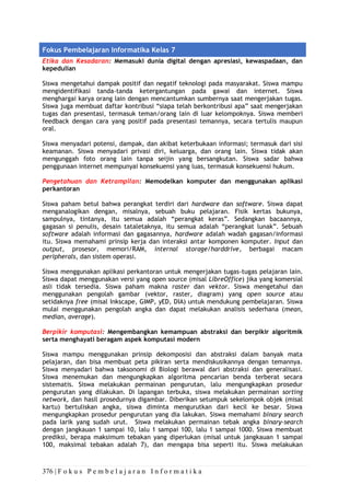 376 | F o k u s P e m b e l a j a r a n I n f o r m a t i k a
Fokus Pembelajaran Informatika Kelas 7
Etika dan Kesadaran: Memasuki dunia digital dengan apresiasi, kewaspadaan, dan
kepedulian
Siswa mengetahui dampak positif dan negatif teknologi pada masyarakat. Siswa mampu
mengidentifikasi tanda-tanda ketergantungan pada gawai dan internet. Siswa
menghargai karya orang lain dengan mencantumkan sumbernya saat mengerjakan tugas.
Siswa juga membuat daftar kontribusi “siapa telah berkontribusi apa” saat mengerjakan
tugas dan presentasi, termasuk teman/orang lain di luar kelompoknya. Siswa memberi
feedback dengan cara yang positif pada presentasi temannya, secara tertulis maupun
oral.
Siswa menyadari potensi, dampak, dan akibat keterbukaan informasi; termasuk dari sisi
keamanan. Siswa menyadari privasi diri, keluarga, dan orang lain. Siswa tidak akan
mengunggah foto orang lain tanpa seijin yang bersangkutan. Siswa sadar bahwa
penggunaan internet mempunyai konsekuensi yang luas, termasuk konsekuensi hukum.
Pengetahuan dan Ketrampilan: Memodelkan komputer dan menggunakan aplikasi
perkantoran
Siswa paham betul bahwa perangkat terdiri dari hardware dan software. Siswa dapat
menganalogikan dengan, misalnya, sebuah buku pelajaran. Fisik kertas bukunya,
sampulnya, tintanya, itu semua adalah “perangkat keras”. Sedangkan bacaannya,
gagasan si penulis, desain tataletaknya, itu semua adalah “perangkat lunak”. Sebuah
software adalah informasi dan gagasannya, hardware adalah wadah gagasan/informasi
itu. Siswa memahami prinsip kerja dan interaksi antar komponen komputer. Input dan
output, prosesor, memori/RAM, internal storage/harddrive, berbagai macam
peripherals, dan sistem operasi.
Siswa menggunakan aplikasi perkantoran untuk mengerjakan tugas-tugas pelajaran lain.
Siswa dapat menggunakan versi yang open source (misal LibreOffice) jika yang komersial
asli tidak tersedia. Siswa paham makna raster dan vektor. Siswa mengetahui dan
menggunakan pengolah gambar (vektor, raster, diagram) yang open source atau
setidaknya free (misal Inkscape, GIMP, yED, DIA) untuk mendukung pembelajaran. Siswa
mulai menggunakan pengolah angka dan dapat melakukan analisis sederhana (mean,
median, average).
Berpikir komputasi: Mengembangkan kemampuan abstraksi dan berpikir algoritmik
serta menghayati beragam aspek komputasi modern
Siswa mampu menggunakan prinsip dekomposisi dan abstraksi dalam banyak mata
pelajaran, dan bisa membuat peta pikiran serta mendiskusikannya dengan temannya.
Siswa menyadari bahwa taksonomi di Biologi berawal dari abstraksi dan generalisasi.
Siswa menemukan dan mengungkapkan algoritma pencarian benda terberat secara
sistematis. Siswa melakukan permainan pengurutan, lalu mengungkapkan prosedur
pengurutan yang dilakukan. Di lapangan terbuka, siswa melakukan permainan sorting
network, dan hasil prosedurnya digambar. Diberikan setumpuk sekelompok objek (misal
kartu) bertuliskan angka, siswa diminta mengurutkan dari kecil ke besar. Siswa
mengungkapkan prosedur pengurutan yang dia lakukan. Siswa memahami binary search
pada larik yang sudah urut. Siswa melakukan permainan tebak angka binary-search
dengan jangkauan 1 sampai 10, lalu 1 sampai 100, lalu 1 sampai 1000. Siswa membuat
prediksi, berapa maksimum tebakan yang diperlukan (misal untuk jangkauan 1 sampai
100, maksimal tebakan adalah 7), dan mengapa bisa seperti itu. Siswa melakukan
 