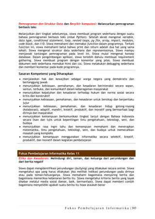 F o k u s P e m b e l a j a r a n I n f o r m a t i k a | 383
Pemrograman dan Struktur Data dan Berpikir komputasi: Melancarkan pemrograman
berbasis teks
Melanjutkan dari tingkat sebelumnya, siswa membuat program sederhana dengan suatu
bahasa pemrograman berbasis teks (misal Python). Setelah akrab mengenal variable,
data type, conditional statement, loop, nested loops, py file, array, import, modules,
code block, dan I/O. Siswa memahami dan memakai function dalam programnya. Terkait
function ini, siswa memahami betul bahwa print dan return adalah dua hal yang sama
sekali. Siswa mengenal struktur data sederhana dan representasinya. Siswa mampu
menjawab tantangan pemrograman pada level ini. Siswa mulai mengenal konsep
database. Dalam pengembangan aplikasi, siswa terlebih dahulu membuat requirement
gathering. Siswa membuat program dengan komentar yang jelas. Siswa membuat
dokumen web sederhana memakai html dan css. Siswa melakukan debugging sederhana
dan memberi komentar pada kode programnya.
Sasaran Kompetensi yang Diharapkan
• menjalankan hak dan kewajiban sebagai warga negara yang demokratis dan
bertanggung jawab
• menunjukkan kebiasaan, pemahaman, dan kesadaran berinteraksi secara sopan,
santun, terbuka, dan komunikatif dalam keberagaman masyarakat
• menunjukkan kepatuhan dan kesadaran terhadap hukum dan norma sosial secara
kritis dan konstruktif
• menunjukkan kebiasaan, pemahaman, dan kesadaran untuk bersikap dan berperilaku
jujur
• menunjukkan kebiasaan, pemahaman, dan kesadaran hidup gotong-royong
(kolaborasi), adaptif, mandiri, kreatif, produktif, dan inovatif yang bermanfaat bagi
dirinya dan masyarakat
• menunjukkan kemampuan berkomunikasi tingkat lanjut dengan Bahasa Indonesia
secara lisan dan tulis untuk kepentingan ilmu pengetahuan, teknologi, seni, dan
budaya
• menunjukkan rasa ingin tahu dan kemampuan memahami dan menerapkan
matematika, ilmu pengetahuan, teknologi, seni, dan budaya untuk memecahkan
masalah yang kompleks
• menunjukkan kemampuan menggunakan informatika secara selektif, kreatif,
produktif, dan inovatif dalam kegiatan pembelajaran
Fokus Pembelajaran Informatika Kelas 11
Etika dan Kesadaran: Melindungi diri, teman, dan keluarga dari perundungan dan
dari berita negatif
Siswa dapat mengidentifikasi perundungan (bullying) yang dilakukan secara online. Siswa
mengetahui apa yang harus dilakukan jika melihat indikasi perundungan pada dirinya
atau pada teman/keluarganya. Siswa memahami bagaimana menyaring berita dan
bagaimana memeriksa kebenaran berita itu. Siswa mengetahui kriteria berita yang layak
disebar melalui media sosial (benar, baik, bermanfaat). Siswa dapat memberi contoh
bagaimana menyelidiki apakah suatu berita itu hoax ataukah benar
 