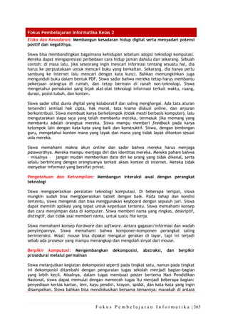F o k u s P e m b e l a j a r a n I n f o r m a t i k a | 365
Fokus Pembelajaran Informatika Kelas 2
Etika dan Kesadaran: Membangun kesadaran hidup digital serta menyadari potensi
positif dan negatifnya.
Siswa bisa membandingkan bagaimana kehidupan sebelum adopsi teknologi komputasi.
Mereka dapat mengapresiasi perbedaan cara hidup jaman dahulu dan sekarang. Sebuah
contoh: di masa lalu, jika seseorang ingin mencari informasi tentang sesuatu hal, dia
harus ke perpustakaan untuk mencari buku yang berkaitan. Sekarang, dia hanya perlu
sambung ke internet lalu mencari dengan kata kunci. Bahkan memungkinkan juga
mengunduh buku dalam bentuk PDF. Siswa sadar bahwa mereka tetap harus membantu
pekerjaan orangtua di rumah, dan tetap bermain di ranah non-teknologi. Siswa
mengetahui pemakaian yang bijak alat-alat teknologi informasi terkait waktu, ruang,
durasi, posisi tubuh, dan konten.
Siswa sadar sifat dunia digital yang kolaboratif dan saling menghargai. Ada tata aturan
tersendiri semisal hak cipta, hak moral, tata krama diskusi online, dan anjuran
berkontribusi. Siswa membuat karya berkelompok (tidak mesti berbasis komputer), lalu
mengutarakan siapa saja yang telah membantu mereka, termasuk jika memang yang
membantu adalah orangtua mereka. Siswa mampu memberi feedback pada karya
kelompok lain dengan kata-kata yang baik dan konstruktif. Siswa, dengan bimbingan
guru, mengetahui konten mana yang layak dan mana yang tidak layak ditonton sesuai
usia mereka.
Siswa memahami makna akun online dan sadar bahwa mereka harus menjaga
passwordnya. Mereka mampu menjaga diri dan identitas mereka. Mereka paham bahwa
– misalnya – jangan mudah memberikan data diri ke orang yang tidak dikenal, serta
selalu berbincang dengan orangtuanya terkait akses konten di internet. Mereka tidak
menyebar informasi yang bersifat privat.
Pengetahuan dan Ketrampilan: Membangun interaksi awal dengan perangkat
teknologi
Siswa mengoperasikan peralatan teknologi komputasi. Di beberapa tempat, siswa
mungkin sudah bisa mengoperasikan tablet dengan baik. Pada tahap dan kondisi
tertentu, siswa mengenal dan bisa menggunakan keyboard dengan sepuluh jari. Siswa
dapat memilih aplikasi yang tepat untuk keperluan tertentu. Siswa memahami konsep
dan cara menyimpan data di komputer. Siswa memberi nama yang ringkas, deskriptif,
distingtif, dan tidak asal memberi nama, untuk suatu file kerja.
Siswa memahami konsep hardware dan software. Antara gagasan/informasi dan wadah
penyimpannya. Siswa memahami bahwa komponen-komponen perangkat saling
berinteraksi. Misal: mouse bisa dipakai mengatur gerakan di layar, tapi ini terjadi
sebab ada prosesor yang mampu menangkap dan mengolah sinyal dari mouse.
Berpikir komputasi: Mengembangkan dekomposisi, abstraksi, dan berpikir
prosedural melalui permainan
Siswa melanjutkan kegiatan dekomposisi seperti pada tingkat satu, namun pada tingkat
ini dekomposisi ditambahi dengan penguraian tugas sekolah menjadi bagian-bagian
yang lebih kecil. Misalnya, dalam tugas membuat poster bertema Hari Pendidikan
Nasional, siswa dapat memulai dengan memecah tugas itu menjadi beberapa bagian:
penyediaan kertas karton, lem, kayu pendiri, krayon, spidol, dan kata-kata yang ingin
disampaikan. Siswa bahkan bisa mendiskusikan bersama temannya: manakah di antara
 