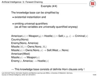 Artiﬁcial Intelligence / 2. Forward Chaining
Example (4/4)
The knowledge base can be simpliﬁed by
• existential instantiation and
• omitting universal quantiﬁers
(as all free variables are universally quantiﬁed anyway)
American(x) ∧ Weapon(y) ∧ Hostile(z) ∧ Sell(x, y, z) → Criminal(x)
Country(Nono)
Enemy(Nono, America)
Missile(M1) ∧ Owns(Nono, M1)
Missile(x) ∧ Owns(Nono, x) → Sell(West, x, Nono)
American(West)
Missile(x) → Weapon(x)
Enemy(x, America) → Hostile(x)
This knowledge base consists of deﬁnite Horn clauses only !
Lars Schmidt-Thieme, Information Systems and Machine Learning Lab (ISMLL), University of Hildesheim, Germany,
Course on Artiﬁcial Intelligence, winter term 2012/2013 10/20
 
