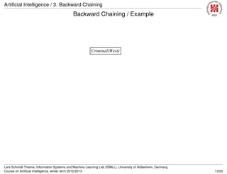 Artiﬁcial Intelligence / 3. Backward Chaining
Backward Chaining / Example
Backward chaining example
Criminal(West)
Lars Schmidt-Thieme, Information Systems and Machine Learning Lab (ISMLL), University of Hildesheim, Germany,
Course on Artiﬁcial Intelligence, winter term 2012/2013 13/20
 