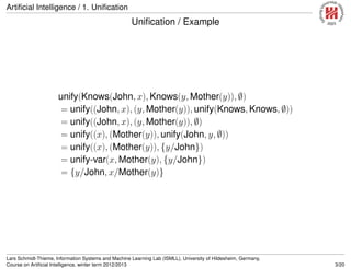 Artiﬁcial Intelligence / 1. Uniﬁcation
Uniﬁcation / Example
unify(Knows(John, x), Knows(y, Mother(y)), ∅)
= unify((John, x), (y, Mother(y)), unify(Knows, Knows, ∅))
= unify((John, x), (y, Mother(y)), ∅)
= unify((x), (Mother(y)), unify(John, y, ∅))
= unify((x), (Mother(y)), {y/John})
= unify-var(x, Mother(y), {y/John})
= {y/John, x/Mother(y)}
Lars Schmidt-Thieme, Information Systems and Machine Learning Lab (ISMLL), University of Hildesheim, Germany,
Course on Artiﬁcial Intelligence, winter term 2012/2013 3/20
 