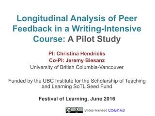 Longitudinal Analysis of Peer
Feedback in a Writing-Intensive
Course: A Pilot Study
PI: Christina Hendricks
Co-PI: Jeremy Biesanz
University of British Columbia-Vancouver
Funded by the UBC Institute for the Scholarship of Teaching
and Learning SoTL Seed Fund
Festival of Learning, June 2016
Slides licensed CC-BY 4.0
 