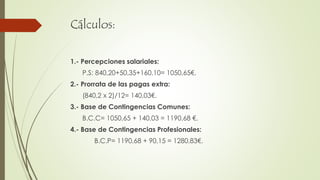 Cálculos:
1.- Percepciones salariales:
P.S: 840,20+50,35+160,10= 1050,65€.
2.- Prorrata de las pagas extra:
(840,2 x 2)/12= 140,03€.
3.- Base de Contingencias Comunes:
B.C.C= 1050,65 + 140,03 = 1190,68 €.
4.- Base de Contingencias Profesionales:
B.C.P= 1190,68 + 90,15 = 1280,83€.
 