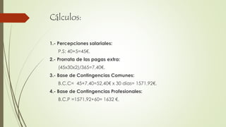 Cálculos:
1.- Percepciones salariales:
P.S: 40+5=45€.
2.- Prorrata de las pagas extra:
(45x30x2)/365=7,40€.
3.- Base de Contingencias Comunes:
B.C.C= 45+7,40=52,40€ x 30 días= 1571,92€.
4.- Base de Contingencias Profesionales:
B.C.P =1571,92+60= 1632 €.
 