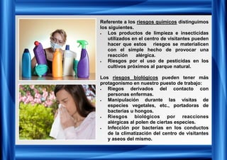 Referente a los riesgos químicos distinguimos
los siguientes.
• Los productos de limpieza e insecticidas
utilizados en el centro de visitantes pueden
hacer que estos riesgos se materialicen
con el simple hecho de provocar una
reacción alérgica.
• Riesgos por el uso de pesticidas en los
cultivos próximos al parque natural.
Los riesgos biológicos pueden tener más
protagonismo en nuestro puesto de trabajo:
• Riegos derivados del contacto con
personas enfermas.
• Manipulación durante las visitas de
especies vegetales, etc., portadoras de
bacterias u hongos.
• Riesgos biológicos por reacciones
alérgicas al polen de ciertas especies.
• Infección por bacterias en los conductos
de la climatización del centro de visitantes
y aseos del mismo.
 