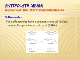 ANTIFOLATE DRUGS
CLASSIFICATION AND PHARMACOKINETICS
Sulfonamides
The sulfonamides have a common chemical nucleus
resembling p-aminobenzoic acid (PABA).
 