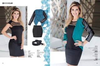 97 98
ZF19
Ensamble
Detalle de poli piel en mangas
40 Petroleo
Ch, Me, Gr, Xg
Poliéster Elastano
$399
PC3027969
WP38
Cinturón
Con estoperoles
10 Negro
Ut, Gr
Sintético
$69
PC6904806
AI87
Blusa
Transparencia en peto
10 Negro
Ch, Me, Gr, Xg
Poliéster Spande
$229
PC6716082
QT14
Falda
Entubada de acolchado
con cierres en costados
10 Negro
Ch, Me, Gr, Xg
Poliéster
$199
PC7813926
 