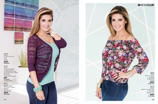 105 106
BJ08
Blusón
Manga 3/4, elástico
en escote
13 Estampado
Ch, Me, Gr, Xg
Poliéster
$249
PC2617410
LT72
Pantalón
Mezclilla con perlas en bajo
17 Azul Indigo
3, 5, 7, 9, 11, 13
Mezclilla strech
$499
PC1134998
GE14
Sweater
Con botones al frente
13 Uva
Ut, Gr
Sintético
$429
PC2030037
CC31
Playera
Con tirantes ajustables
10 Negro, 01 Blanco,
24 Verde Menta, 37 Khaki,
08 Azul Rey, 44 Rojo Granada,
29 Grosella
Ch, Me, Gr, Xg
Poliéster, Rayón, Spandex
$99
PC1206971
(Catálogo Básicos)
LT71
Pantalón
Mezclilla entubado
con moños en costados
09 Marino
3, 5, 7, 9, 11, 13
Mezclilla strech
$499
PC0134920
 