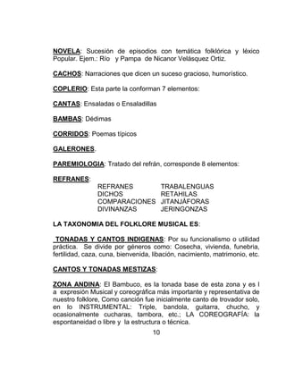 10
NOVELA: Sucesión de episodios con temática folklórica y léxico
Popular. Ejem.: Río y Pampa de Nicanor Velásquez Ortiz.
CACHOS: Narraciones que dicen un suceso gracioso, humorístico.
COPLERIO: Esta parte la conforman 7 elementos:
CANTAS: Ensaladas o Ensaladillas
BAMBAS: Dédimas
CORRIDOS: Poemas típicos
GALERONES.
PAREMIOLOGIA: Tratado del refrán, corresponde 8 elementos:
REFRANES:
REFRANES TRABALENGUAS
DICHOS RETAHILAS
COMPARACIONES JITANJÁFORAS
DIVINANZAS JERINGONZAS
LA TAXONOMIA DEL FOLKLORE MUSICAL ES:
TONADAS Y CANTOS INDIGENAS: Por su funcionalismo o utilidad
práctica. Se divide por géneros como: Cosecha, vivienda, funebria,
fertilidad, caza, cuna, bienvenida, libación, nacimiento, matrimonio, etc.
CANTOS Y TONADAS MESTIZAS:
ZONA ANDINA: El Bambuco, es la tonada base de esta zona y es l
a expresión Musical y coreográfica más importante y representativa de
nuestro folklore, Como canción fue inicialmente canto de trovador solo,
en lo INSTRUMENTAL: Triple, bandola, guitarra, chucho, y
ocasionalmente cucharas, tambora, etc.; LA COREOGRAFÍA: la
espontaneidad o libre y la estructura o técnica.
 