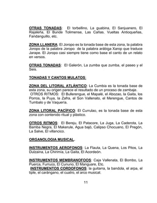11
OTRAS TONADAS: El torbellino, La guabina, El Sanjuanero, El
Rajaleña, El Bunde Tolimense, Las Cañas. Vueltas Antioqueñas,
Fandanguillo, etc.
ZONA LLANERA: El Joropo es la tonada base de esta zona, la palabra
Joropo de la palabra Joropo de la palabra arábiga Xarop que traduce
Jarape. El Joropo casi siempre tiene como base el canto de un relato
en versos.
OTRAS TONADAS: El Galerón, La zumba que zumba, el paseo y el
Seis.
TONADAS Y CANTOS MULATOS:
ZONA DEL LITORAL ATLÁNTICO: La Cumbia es la tonada base de
esta zona, su origen parece el resultado de un proceso de zambaje.
OTROS RITMOS: El Bullerengue, el Mapalé, el Abozao, la Gaita, los
Porros, la Puya, la Zafra, el Son Vallenato, el Merengue, Cantos de
Tumbalo y de Vaquería.
ZONA LITORAL PACÍFICO: El Currulao, es la tonada base de esta
zona con contenido ritual y plástico.
OTROS RITMOS: El Bereju, El Patacore, La Juga, La Caderota, La
Bamba Negra, El Makerule, Agua bajó, Calipso Chocuano, El Pregón,
La Salve, El villancico.
ORGANOLOGIA MUSICAL.
INSTRUMENTOS AEROFONOS: La Flauta, La Quena, Los Pitos, La
Dulzaina, La Chirimía, La Gaita, El Acordeón.
INSTRUMENTOS MEMBRANOFOOS: Caja Vallenata, El Bombo, La
Puerca, Furruco, El Cununo, El Manguare, Etc.
INSTRUMENTOS CORDOFONOS: la guitarra, la bandola, el arpa, el
tiple, el carángano, el cuatro, el arco musical.
 