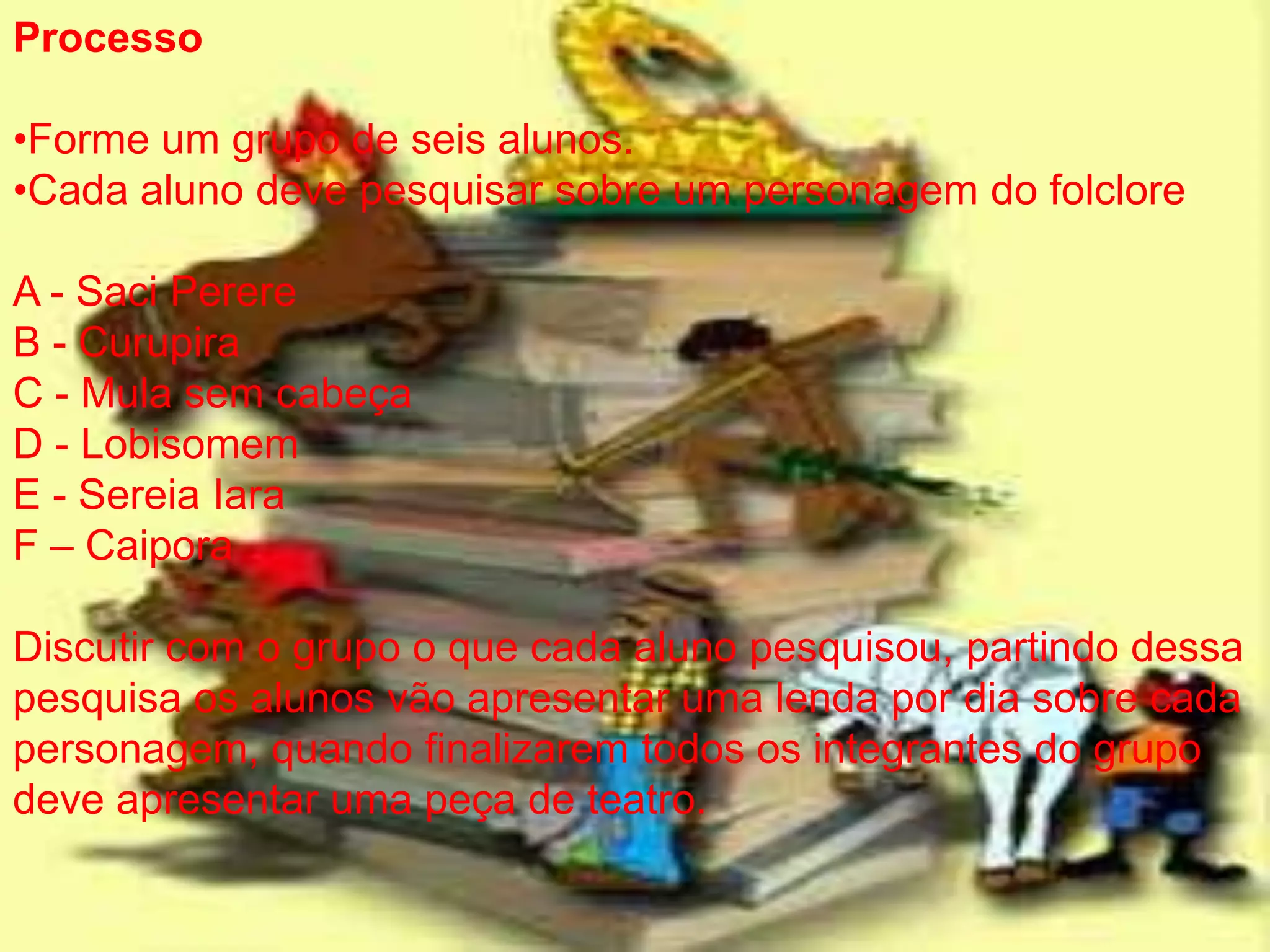 Processo

•Forme um grupo de seis alunos.
•Cada aluno deve pesquisar sobre um personagem do folclore

A - Saci Perere
B - Curupira
C - Mula sem cabeça
D - Lobisomem
E - Sereia Iara
F – Caipora

Discutir com o grupo o que cada aluno pesquisou, partindo dessa
pesquisa os alunos vão apresentar uma lenda por dia sobre cada
personagem, quando finalizarem todos os integrantes do grupo
deve apresentar uma peça de teatro.
 