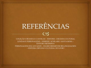 COLEÇÃO CIRANDA E CANTIGAS – EDITORA CIRANDA CULTURAL 
LENDAS E PERSONAGENS – NEREIDE SCHILARO SANTA ROSA – 
EDITORA MODERNA 
PERSONAGENS ENCANTADOS – INGRID BIESMEYER BELLINGHAUSEN 
– EDITORA DIFUSÃO CULTURAL DO LIVRO 
