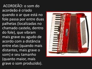 ACORDEÃO: o som do
acordeão é criado
quando o ar que está no
fole passa por entre duas
palhetas (localizadas no
chamado castelo, dentro
do fole), que vibram
mais grave ou agudo de
acordo com a distância
entre elas (quando mais
distantes, mais grave o
som) e seu tamanho
(quanto maior, mais
grave o som produzido).
 