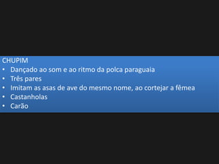 CHUPIM
• Dançado ao som e ao ritmo da polca paraguaia
• Três pares
• Imitam as asas de ave do mesmo nome, ao cortejar a fêmea
• Castanholas
• Carão
 