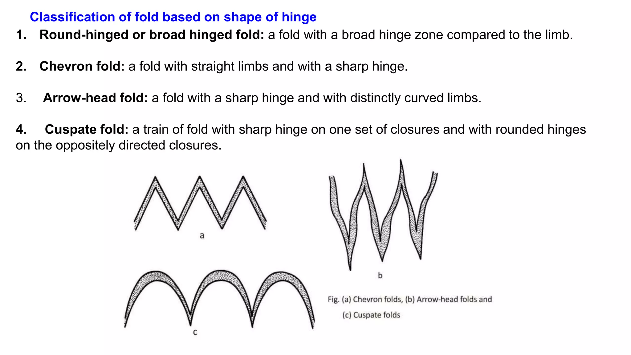 Classification of fold based on shape of hinge
1. Round-hinged or broad hinged fold: a fold with a broad hinge zone compared to the limb.
2. Chevron fold: a fold with straight limbs and with a sharp hinge.
3. Arrow-head fold: a fold with a sharp hinge and with distinctly curved limbs.
4. Cuspate fold: a train of fold with sharp hinge on one set of closures and with rounded hinges
on the oppositely directed closures.
 