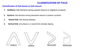 CLASSIFICATION OF FOLD:
Classification of fold based on fold closure
1. Antiform: fold domains having upward closure or negative curvature.
2. Synform: fold domains having downward closure or positive curvature.
3. Neutral fold: fold closing sideways.
4. Vertical fold: all surfaces in a neutral fold vertically dipping.
 