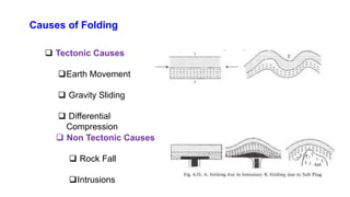Causes of Folding
 Tectonic Causes
Earth Movement
 Gravity Sliding
 Differential
Compression
 Non Tectonic Causes
 Rock Fall
Intrusions
 
