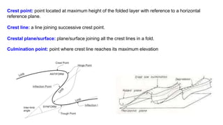 Crest point: point located at maximum height of the folded layer with reference to a horizontal
reference plane.
Crest line: a line joining successive crest point.
Crestal plane/surface: plane/surface joining all the crest lines in a fold.
Culmination point: point where crest line reaches its maximum elevation
 