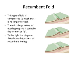 Recumbent Fold
• This type of fold is
compressed so much that it
is no longer vertical.
• There is a large extent of
overlapping and it can take
the form of an “s”.
• To the right is a diagram
that shows the process of
recumbent folding.
 
