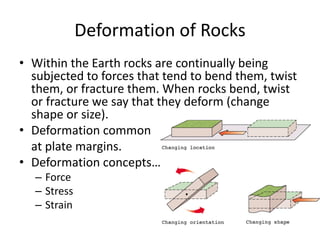 Deformation of Rocks
• Within the Earth rocks are continually being
subjected to forces that tend to bend them, twist
them, or fracture them. When rocks bend, twist
or fracture we say that they deform (change
shape or size).
• Deformation common
at plate margins.
• Deformation concepts…
– Force
– Stress
– Strain
 