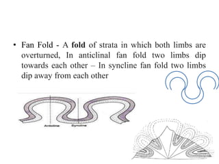 • Fan Fold - A fold of strata in which both limbs are
overturned, In anticlinal fan fold two limbs dip
towards each other – In syncline fan fold two limbs
dip away from each other
 