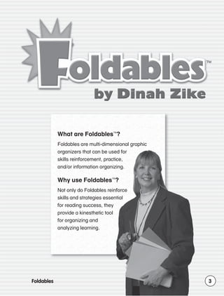TM

What are Foldables ?
Foldables are multi-dimensional graphic
organizers that can be used for
skills reinforcement, practice,
and/or information organizing.
TM

Why use Foldables ?
Not only do Foldables reinforce
skills and strategies essential
for reading success, they
provide a kinesthetic tool
for organizing and
analyzing learning.

Foldables

3

 