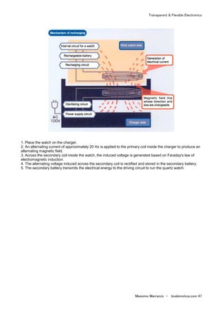 Transparent & Flexible Electronics
Massimo Marrazzo - biodomotica.com 47
1. Place the watch on the charger.
2. An alternating current of approximately 20 Hz is applied to the primary coil inside the charger to produce an
alternating magnetic field.
3. Across the secondary coil inside the watch, the induced voltage is generated based on Faraday's law of
electromagnetic induction.
4. The alternating voltage induced across the secondary coil is rectified and stored in the secondary battery.
5. The secondary battery transmits the electrical energy to the driving circuit to run the quartz watch.
 